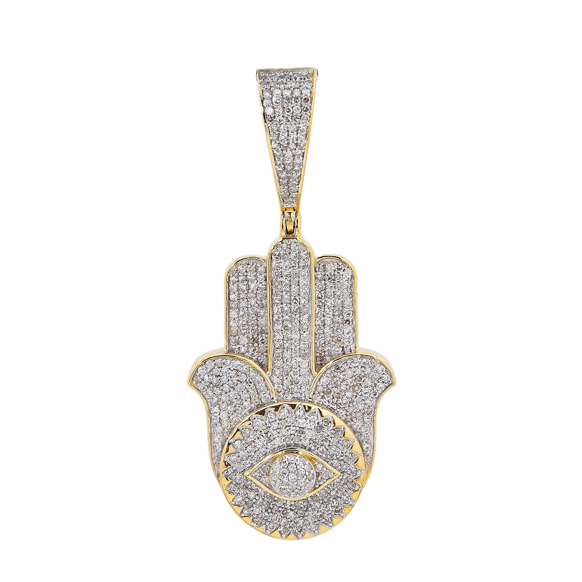 Unisex 14K Yellow Gold Hamsa Pendant with 1.23 CT Diamonds