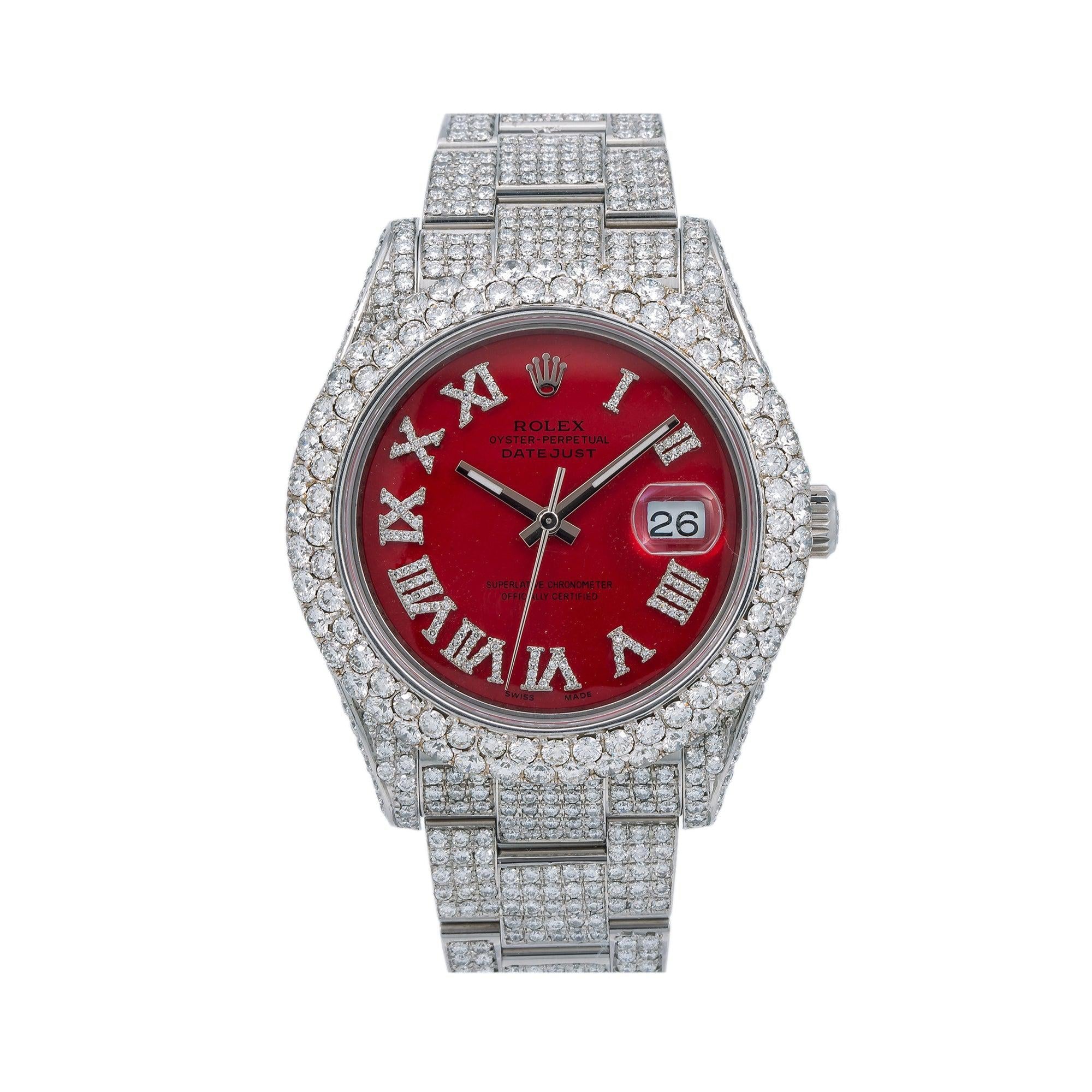 Rolex Datejust 41MM 116300 Red Roman Dial Diamond Bezel Full Diamond Oyster Bracelet