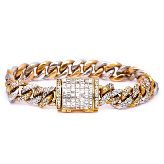 14K WHITE/ ROSE GOLD CUBAN BRACELET WITH 7.5 CT BAGUETTE DIAMONDS