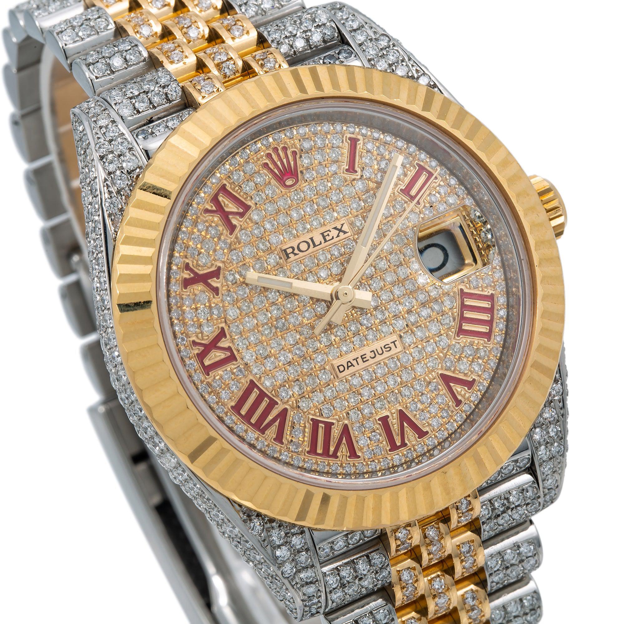 Rolex Datejust 41MM 126333 Diamond Paved Red Roman Dial Yellow Gold Fluted Bezel Two Tone Full Diamond Jubilee Bracelet