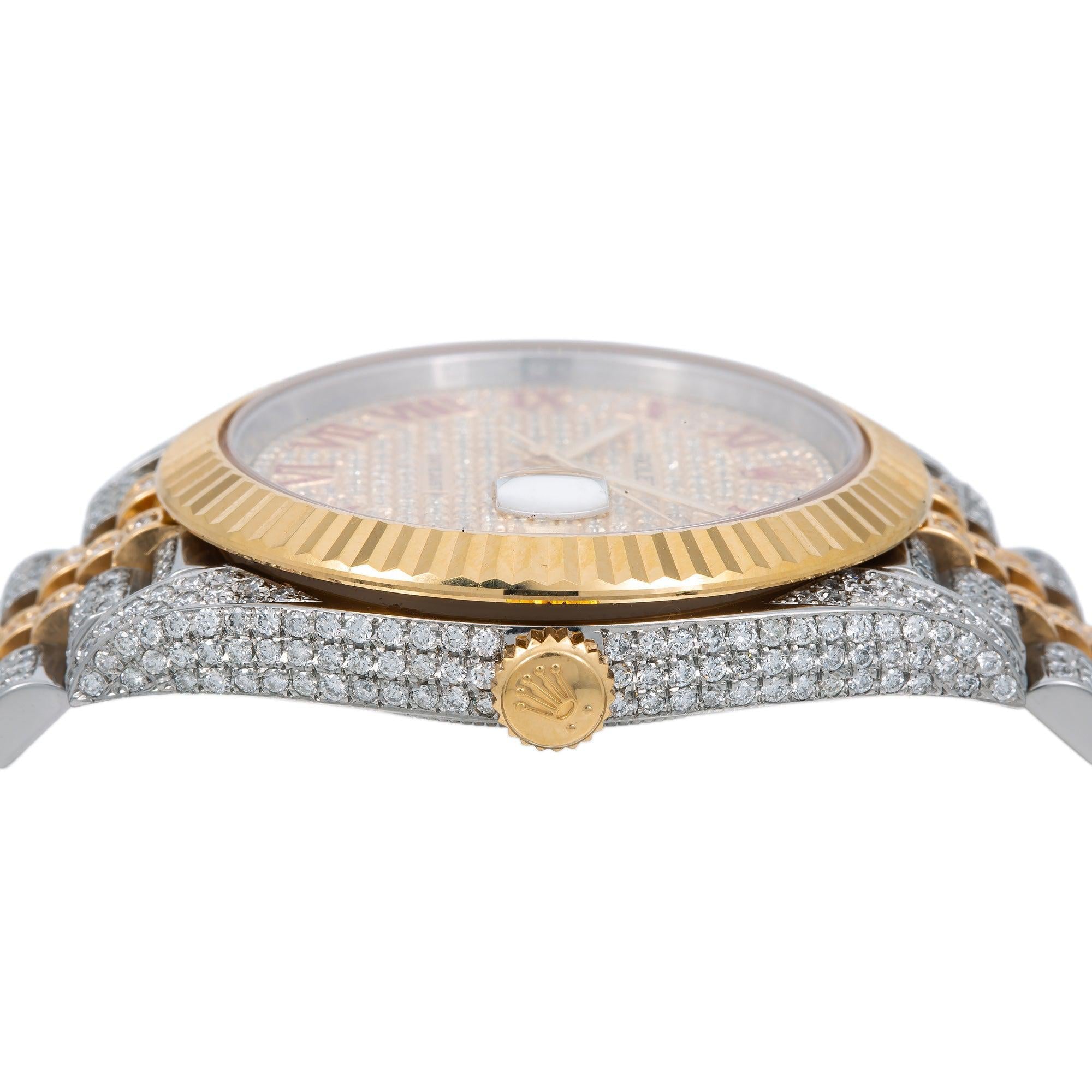 Rolex Datejust 41MM 126333 Diamond Paved Red Roman Dial Yellow Gold Fluted Bezel Two Tone Full Diamond Jubilee Bracelet