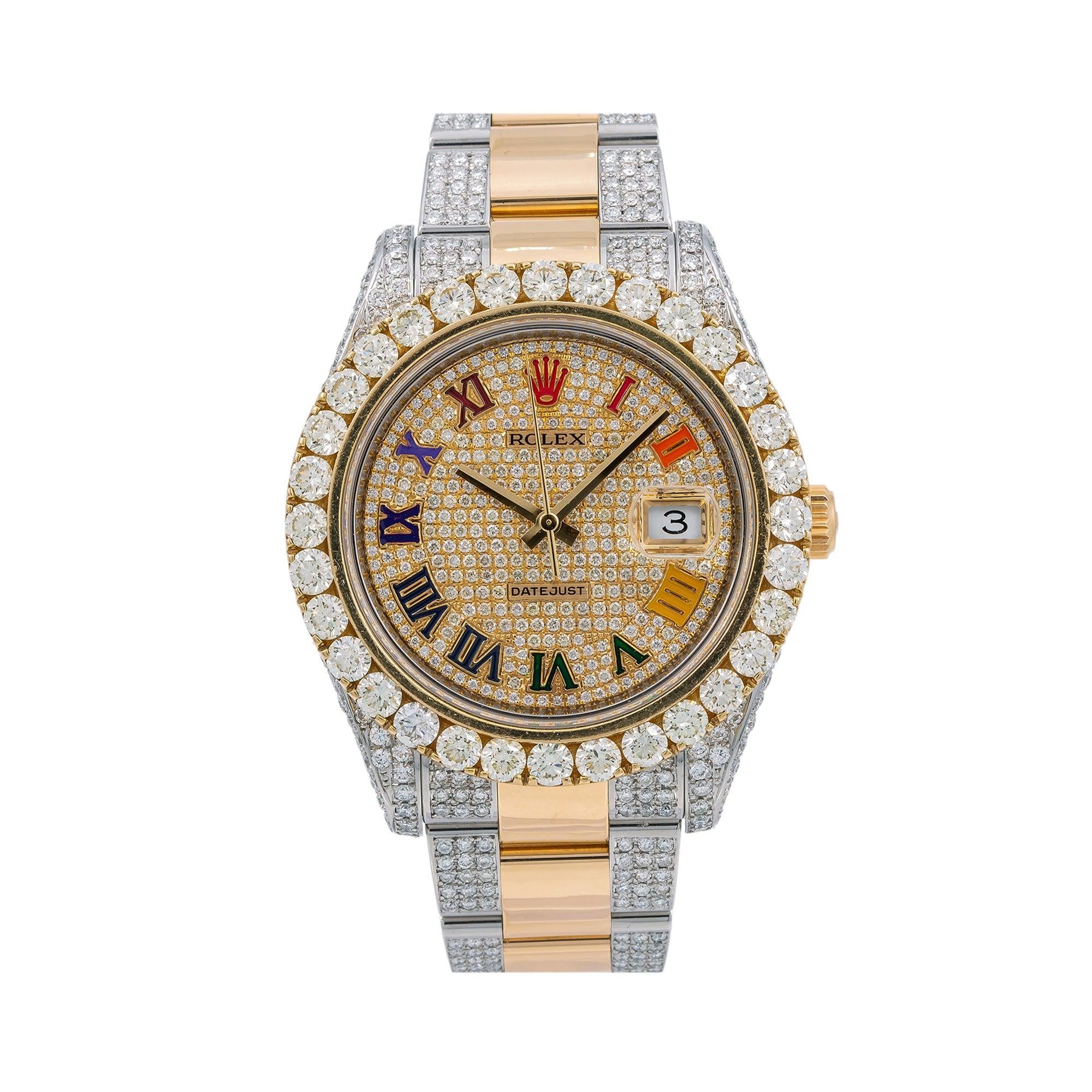 Rolex Datejust 41MM 116333 Diamond Paved Rainbow Roman Dial Diamond Bezel Two Tone Semi Diamond Oyster Bracelet