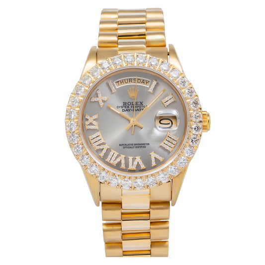 Rolex Day-Date 18038 36MM Silver Diamond Dial With Yellow Gold Diamond Bezel