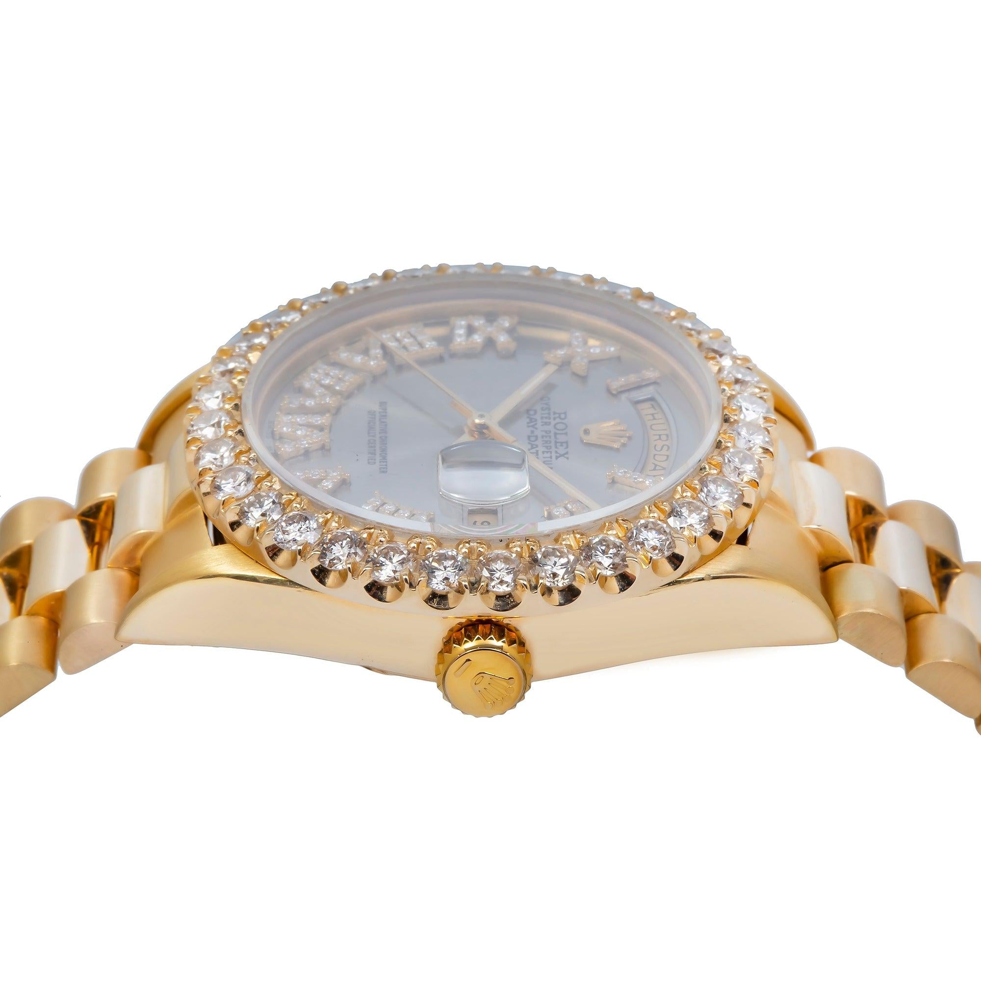 Rolex Day-Date 18038 36MM Silver Diamond Dial With Yellow Gold Diamond Bezel