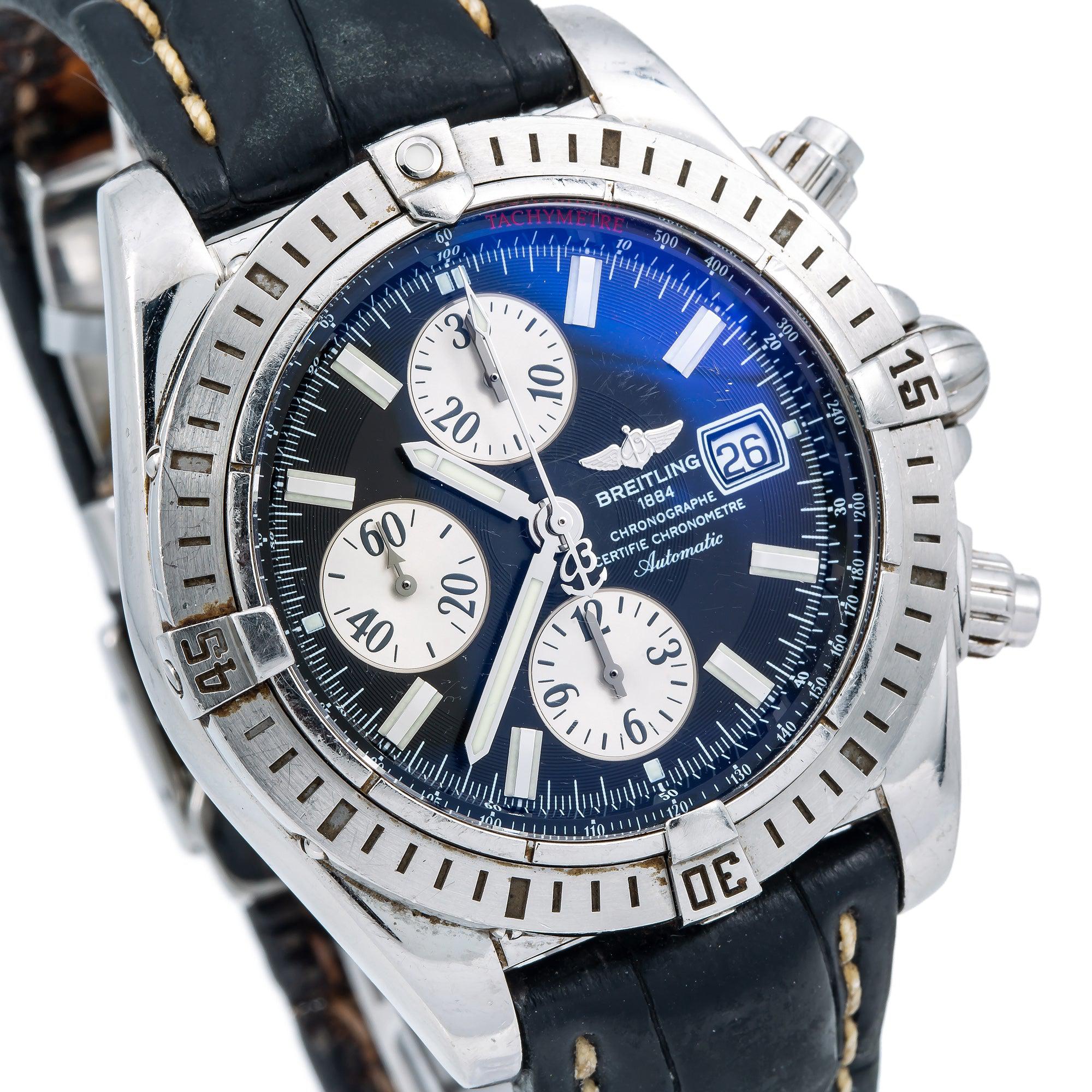 Breitling Chronomat Evolution A13356 44MM Black Dial With Leather Bracelet