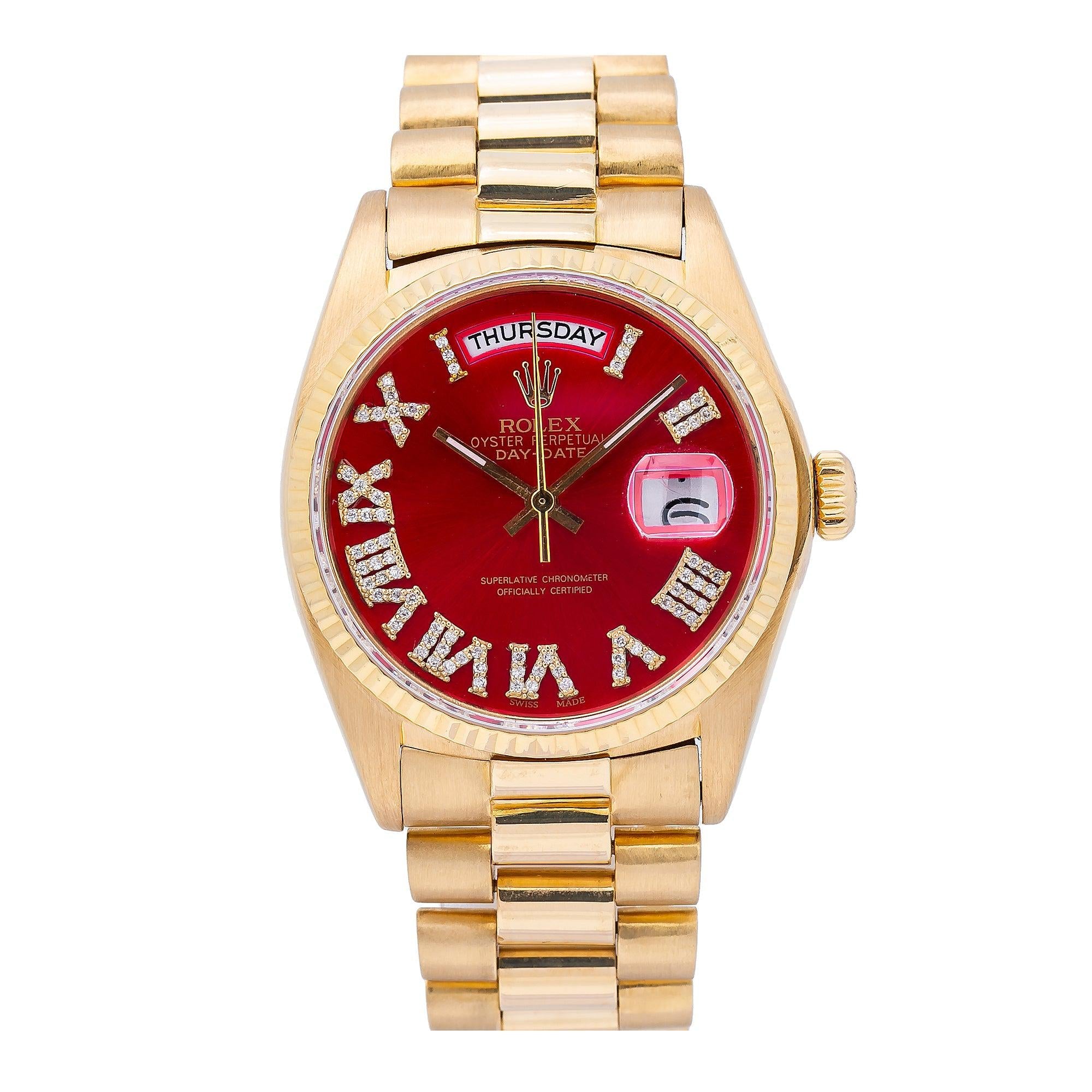Rolex Day-Date 18038 36MM Red Diamond Dial With Yellow Gold President Bracelet