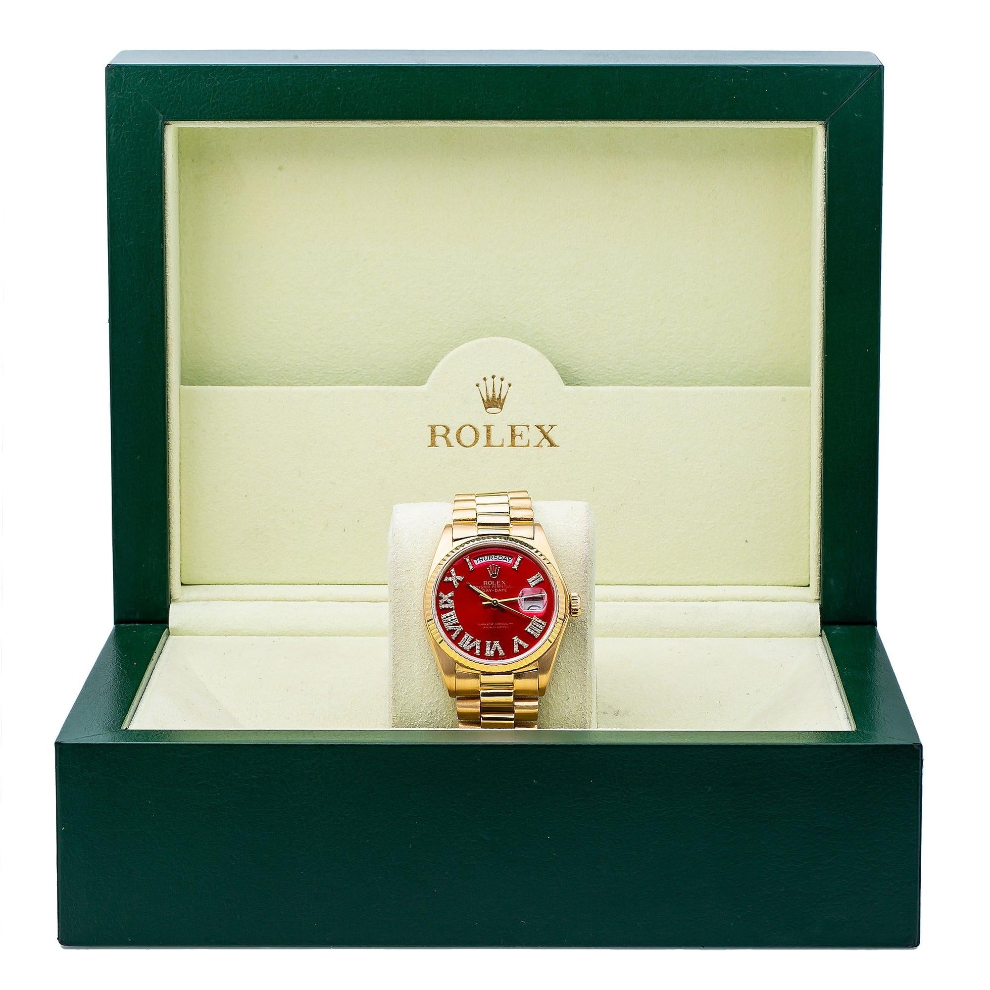 Rolex Day-Date 18038 36MM Red Diamond Dial With Yellow Gold President Bracelet