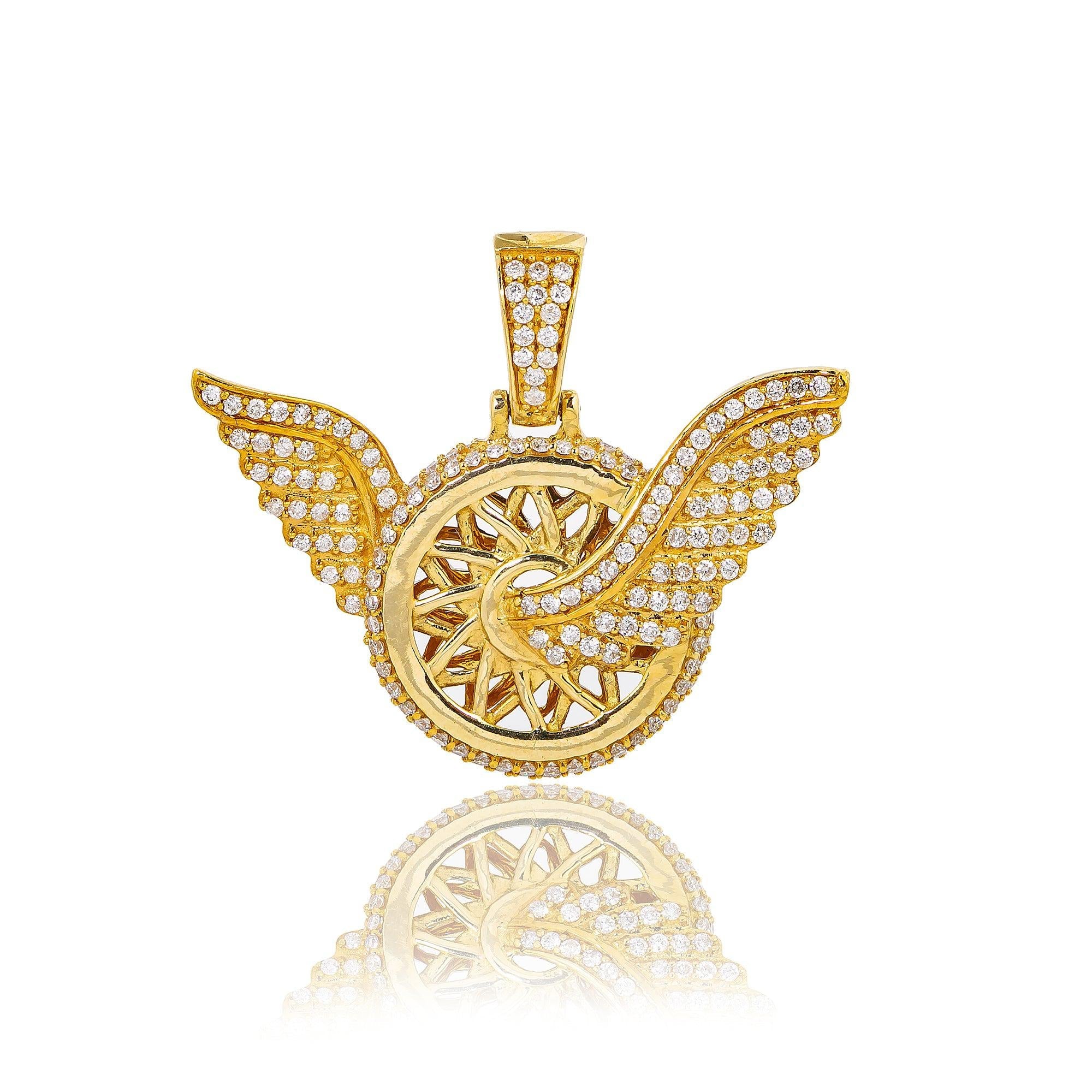 Unisex 14K Yellow Gold Circle Angel Pendant With 1.34 CT Diamonds