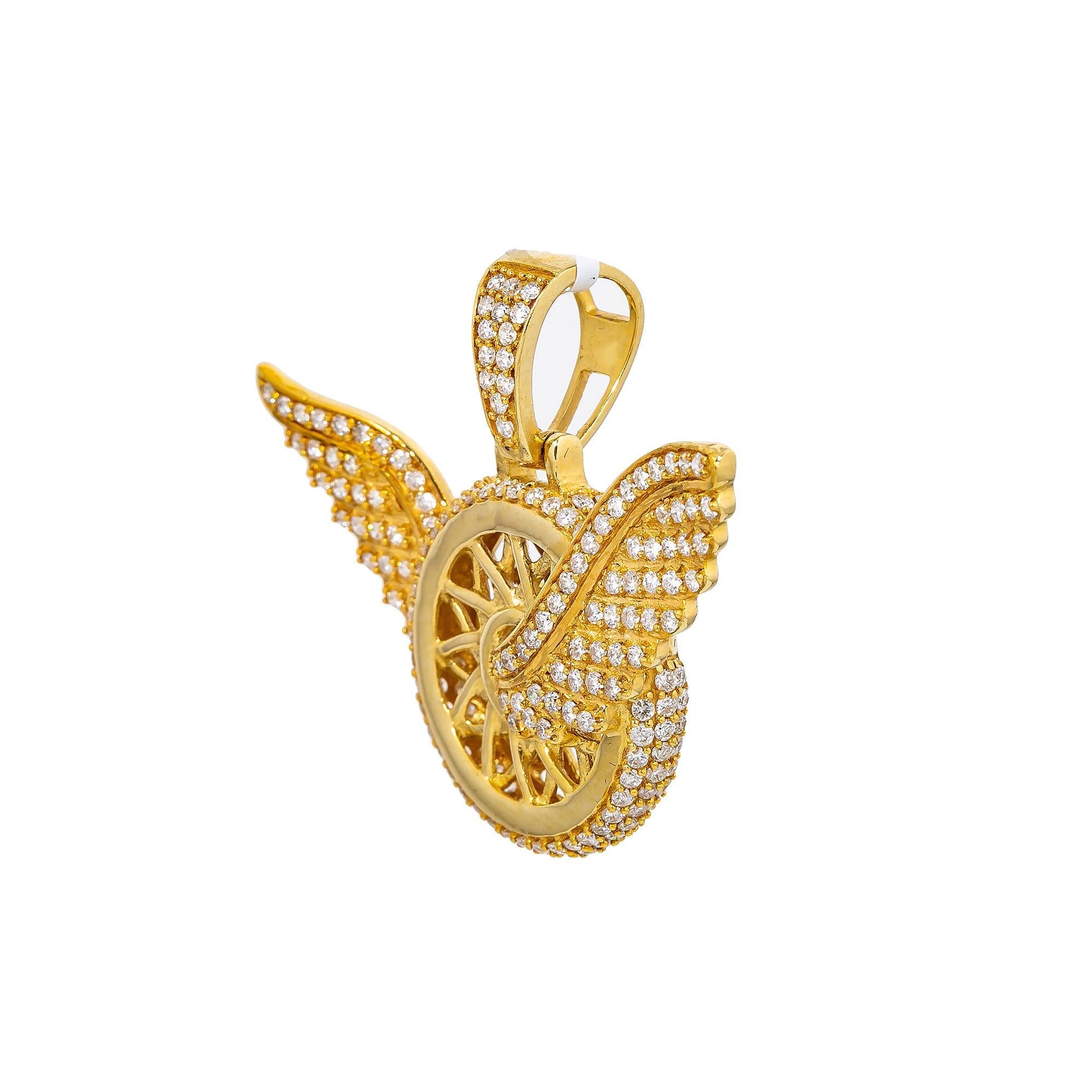 Unisex 14K Yellow Gold Circle Angel Pendant With 1.34 CT Diamonds