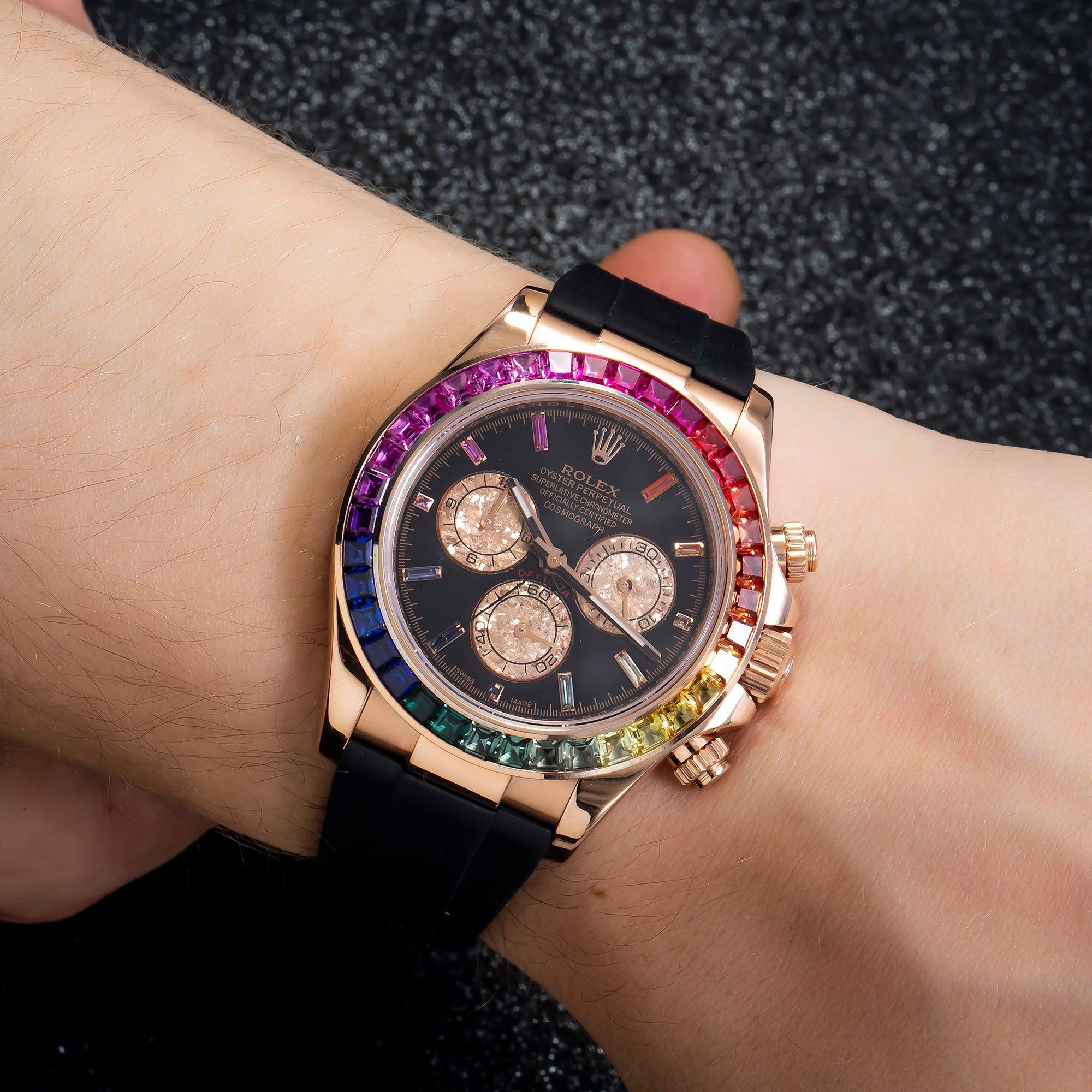 Rolex Daytona 116505 40MM Black Rainbow Diamond Dial And Bezel With Black Rubber Bracelet