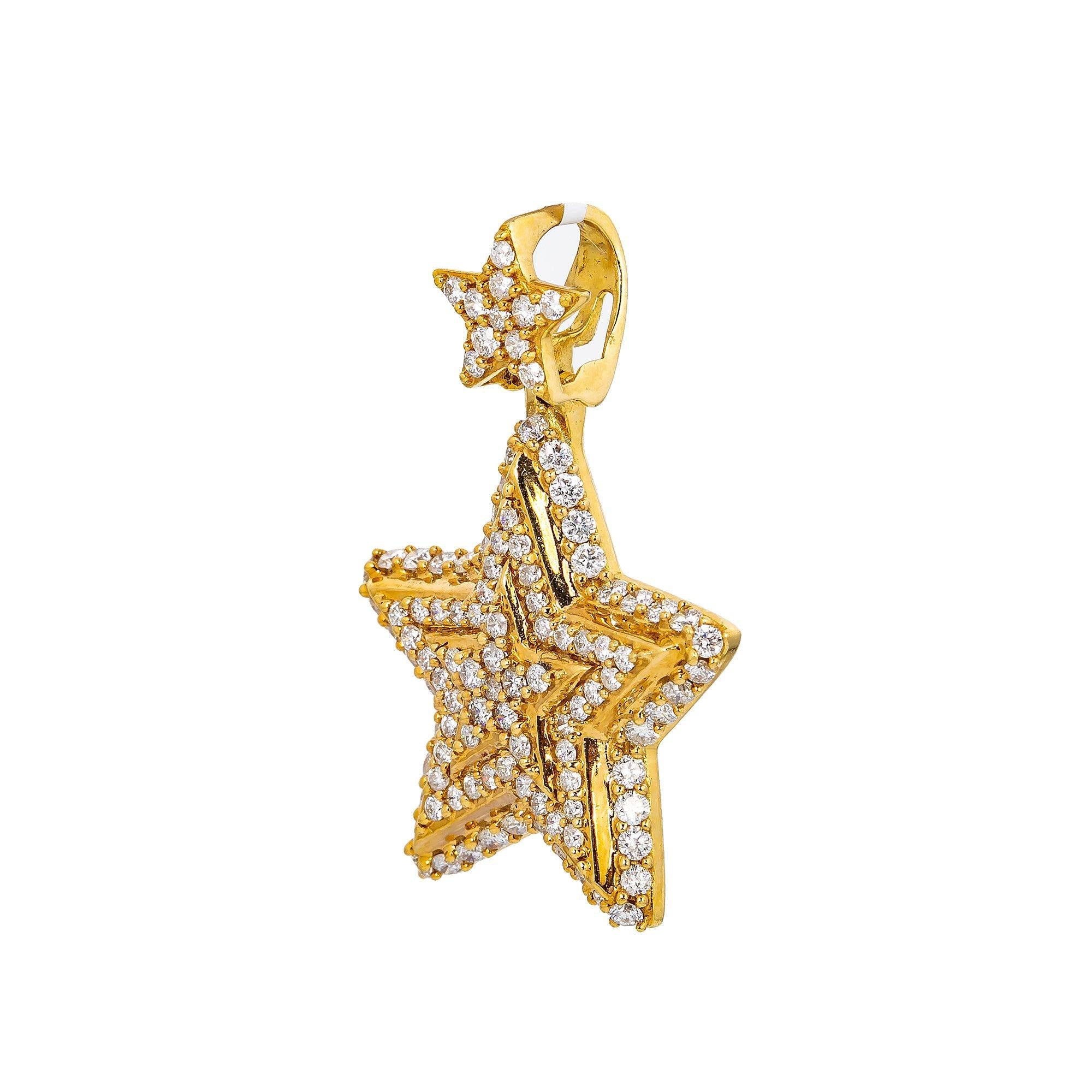 Unisex 14K Yellow Gold Star Pendant 1.72 CT Diamonds