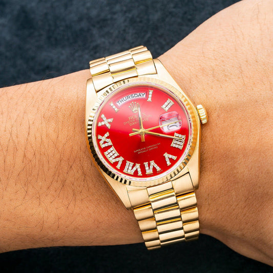 Rolex Day-Date 18038 36MM Red Diamond Dial With Yellow Gold President Bracelet