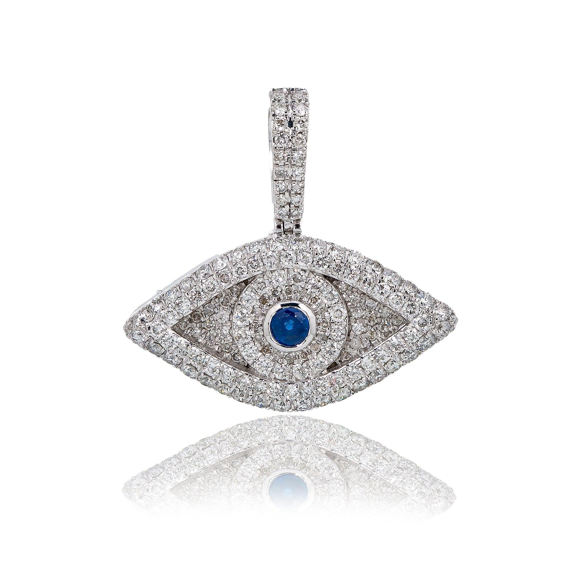 14K White Gold Unisex Evil Eye Pendant with Blue Sapphire & 2.02 CT Diamond