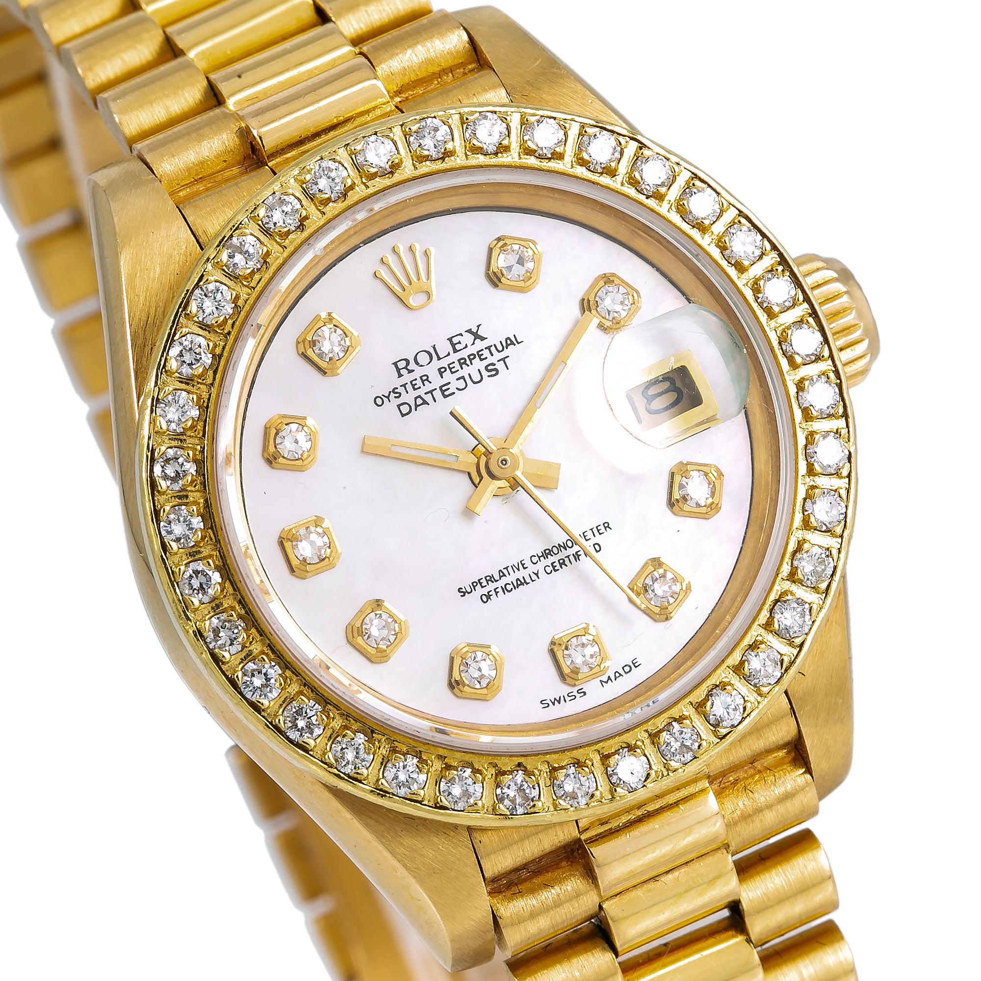 Rolex Lady-Datejust Diamond Watch, 69178 26mm, Silver Mother of Pearl Diamond Dial With Yellow Gold President Bracelet