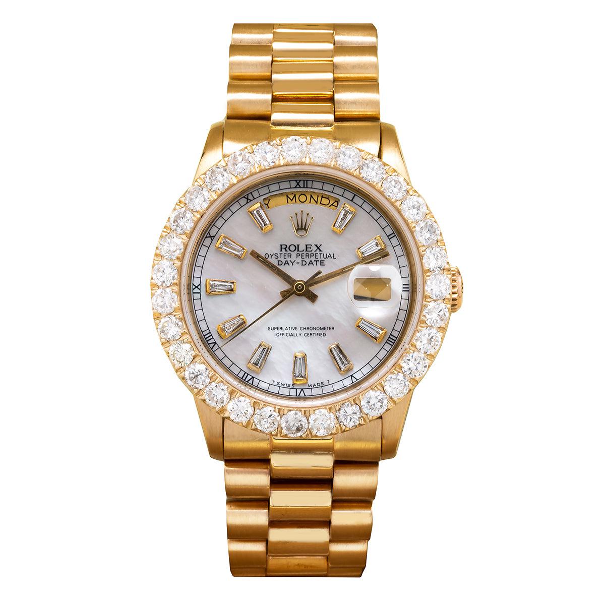 18K Yellow Gold Rolex Diamond Watch, Day-Date 18038 36mm, White Mother Of Pearl Dial With 4.75CT Diamond Bezel
