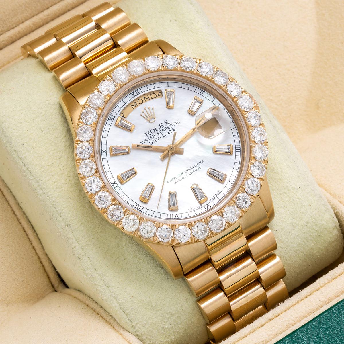 18K Yellow Gold Rolex Diamond Watch, Day-Date 18038 36mm, White Mother Of Pearl Dial With 4.75CT Diamond Bezel