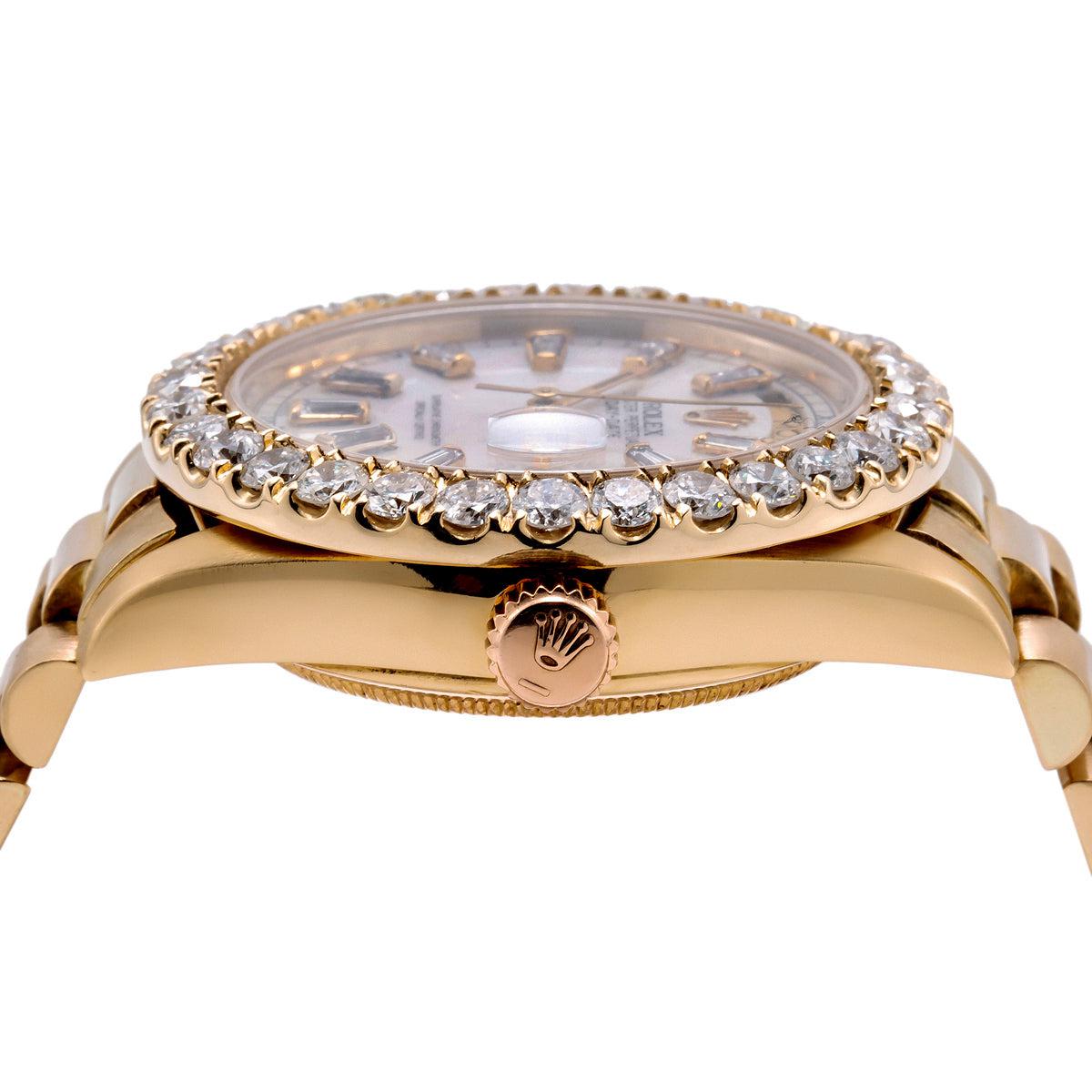 18K Yellow Gold Rolex Diamond Watch, Day-Date 18038 36mm, White Mother Of Pearl Dial With 4.75CT Diamond Bezel