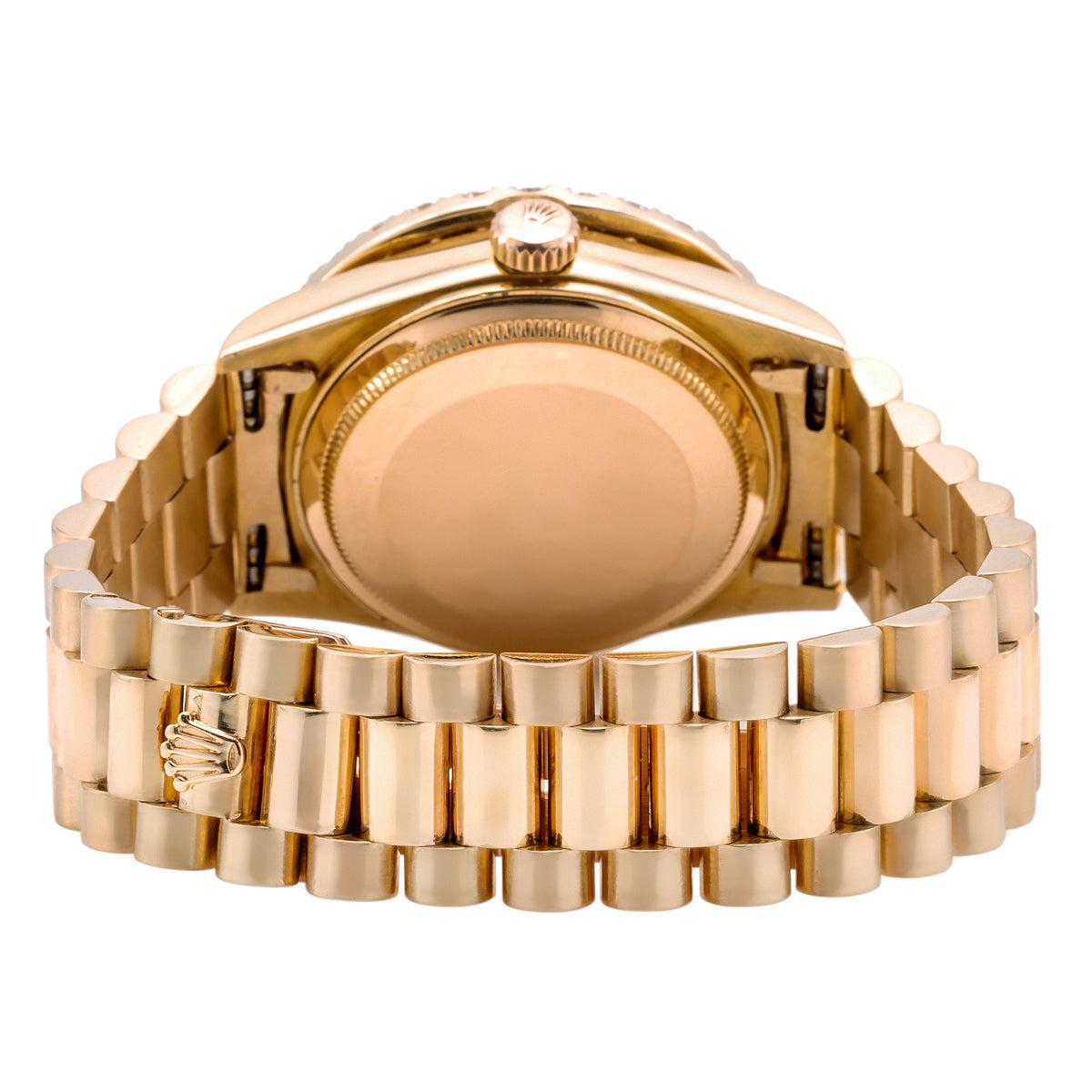 18K Yellow Gold Rolex Diamond Watch, Day-Date 18038 36mm, White Mother Of Pearl Dial With 4.75CT Diamond Bezel