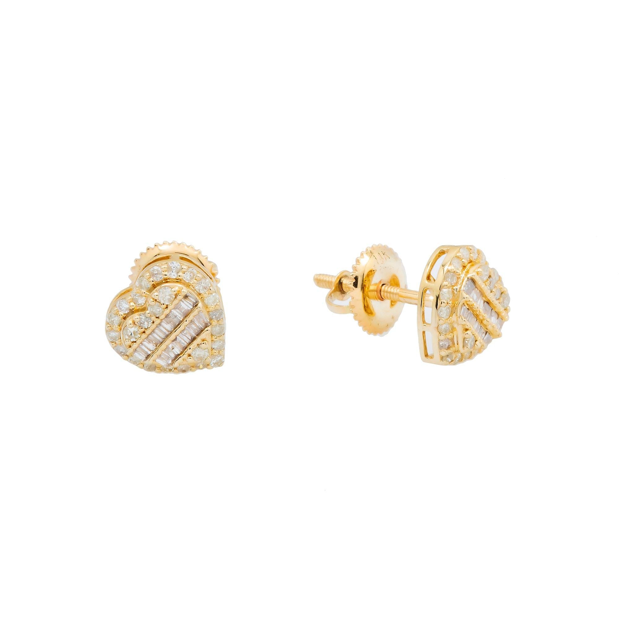 14K GOLD BAGUETTE AND ROUND DIAMOND HEART EARRINGS 0.42 CTW