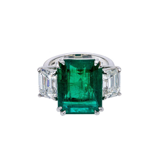 Platinum Rectangular Diamond And Gemstone Emerald Ring