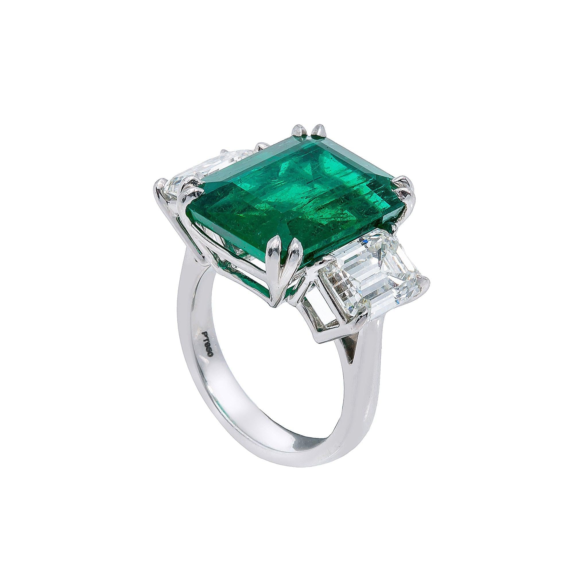 Platinum Rectangular Diamond And Gemstone Emerald Ring