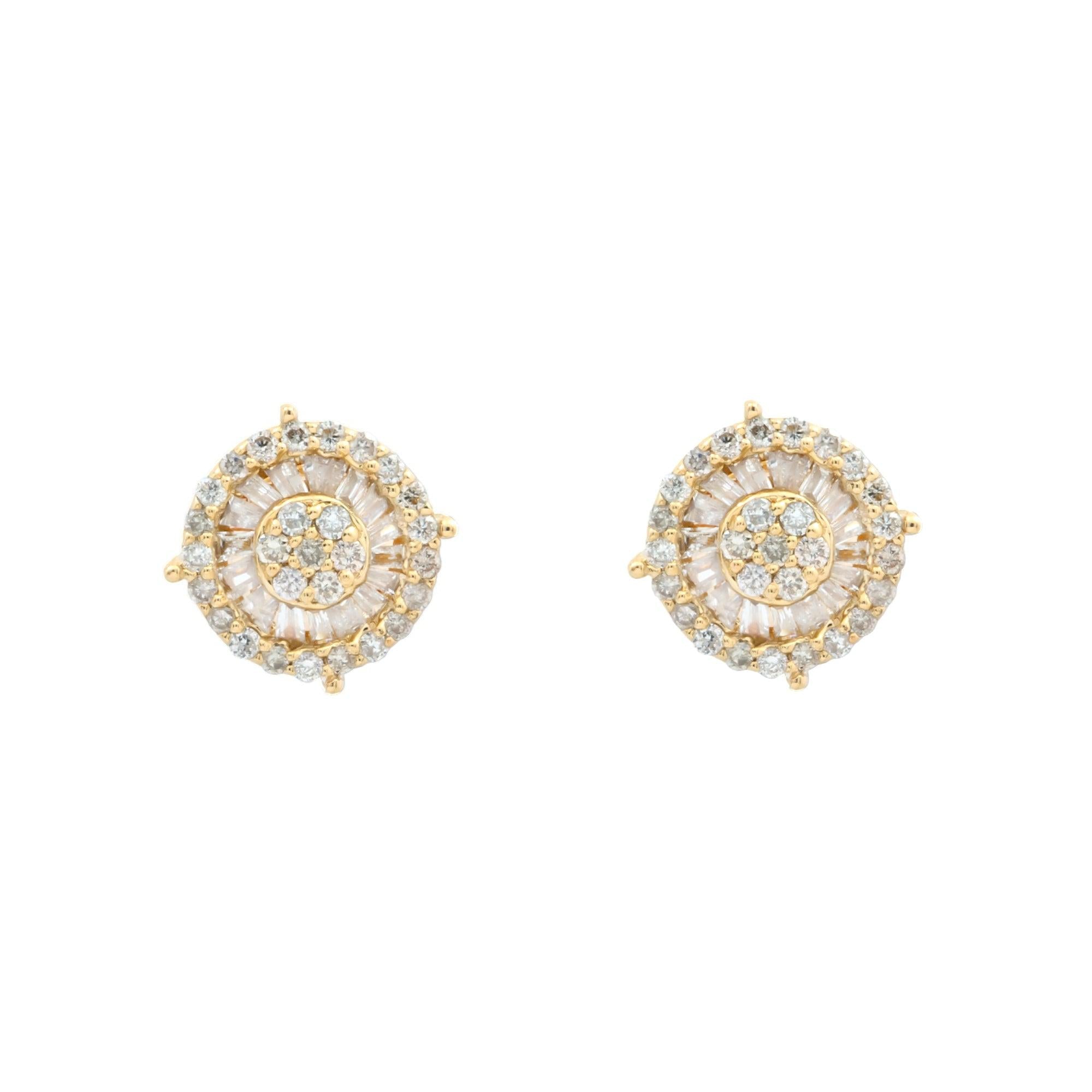 14K GOLD ROUND AND BAGUETTE DIAMOND CLUSTER EARRINGS 0.42 CTW