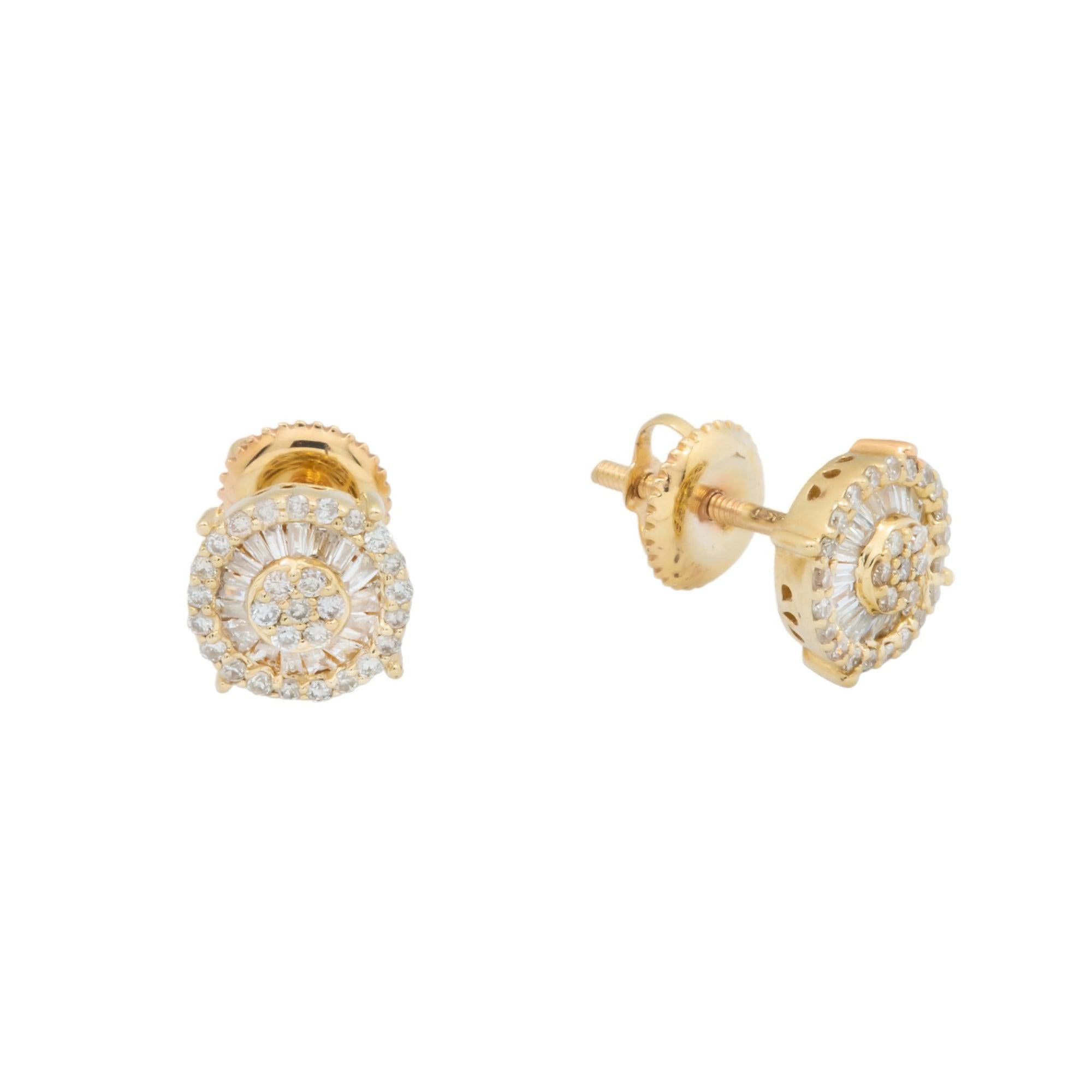 14K GOLD ROUND AND BAGUETTE DIAMOND CLUSTER EARRINGS 0.42 CTW