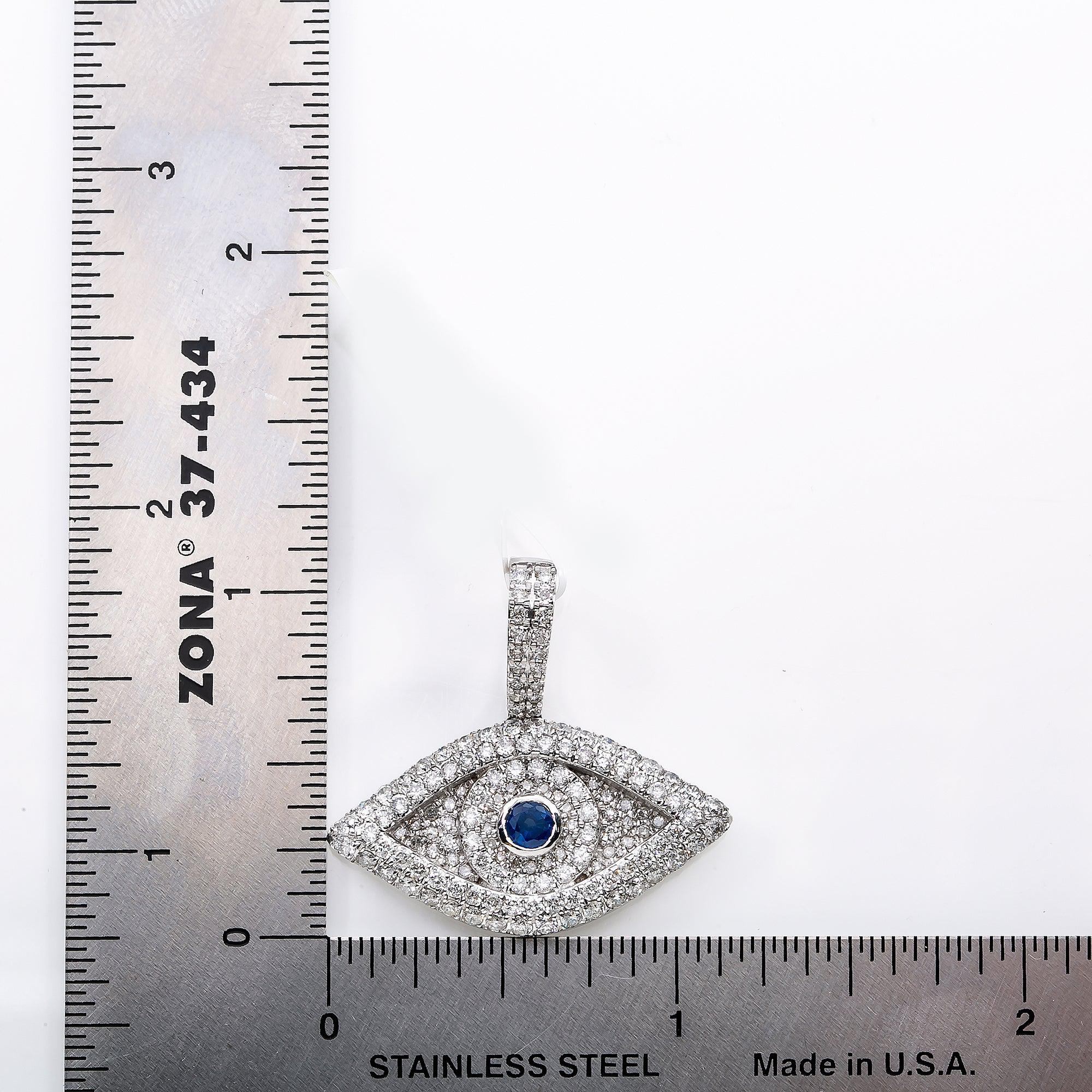 14K White Gold Unisex Evil Eye Pendant with Blue Sapphire & 2.02 CT Diamond