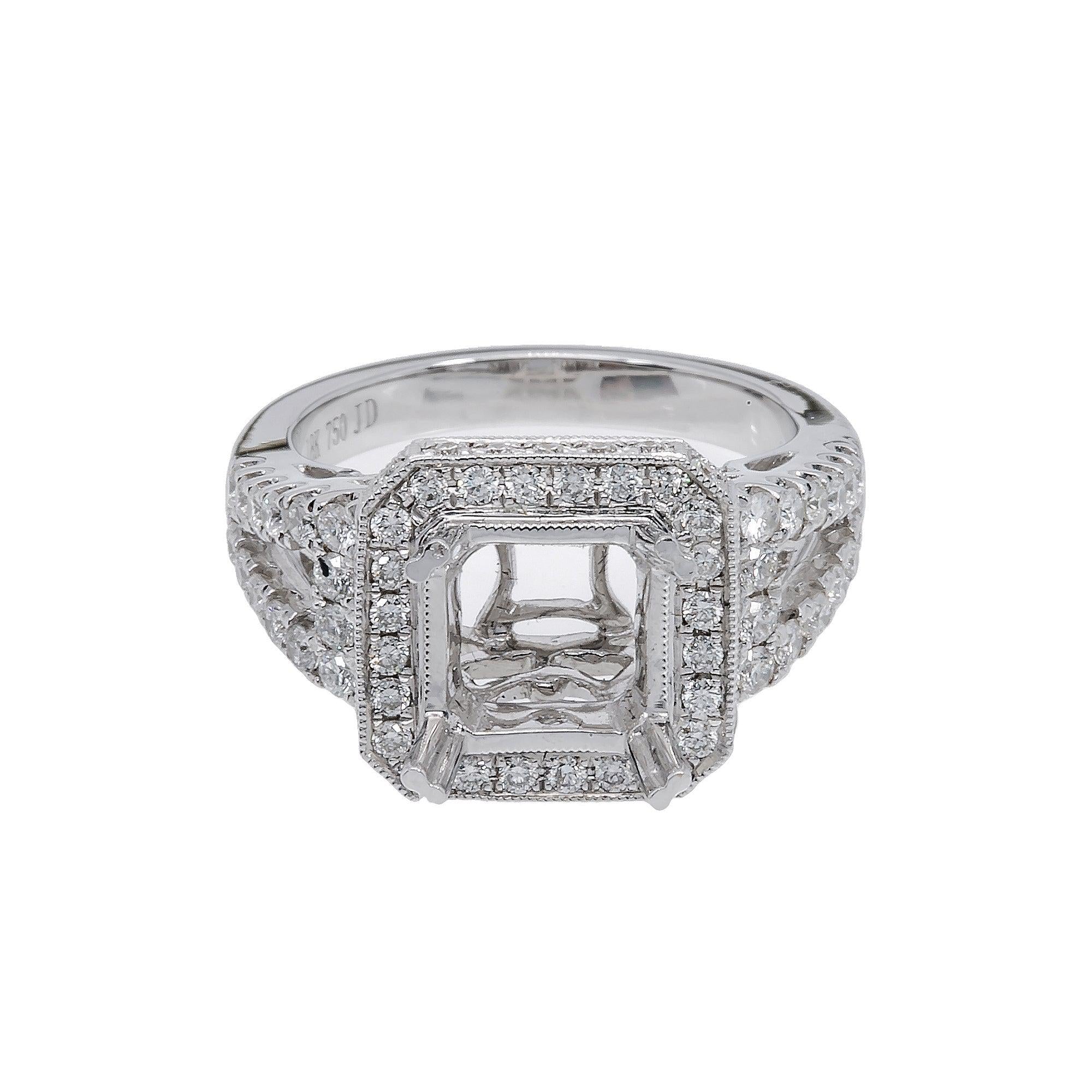 18K White Gold Rectangular Diamond Semi-Mount Ring