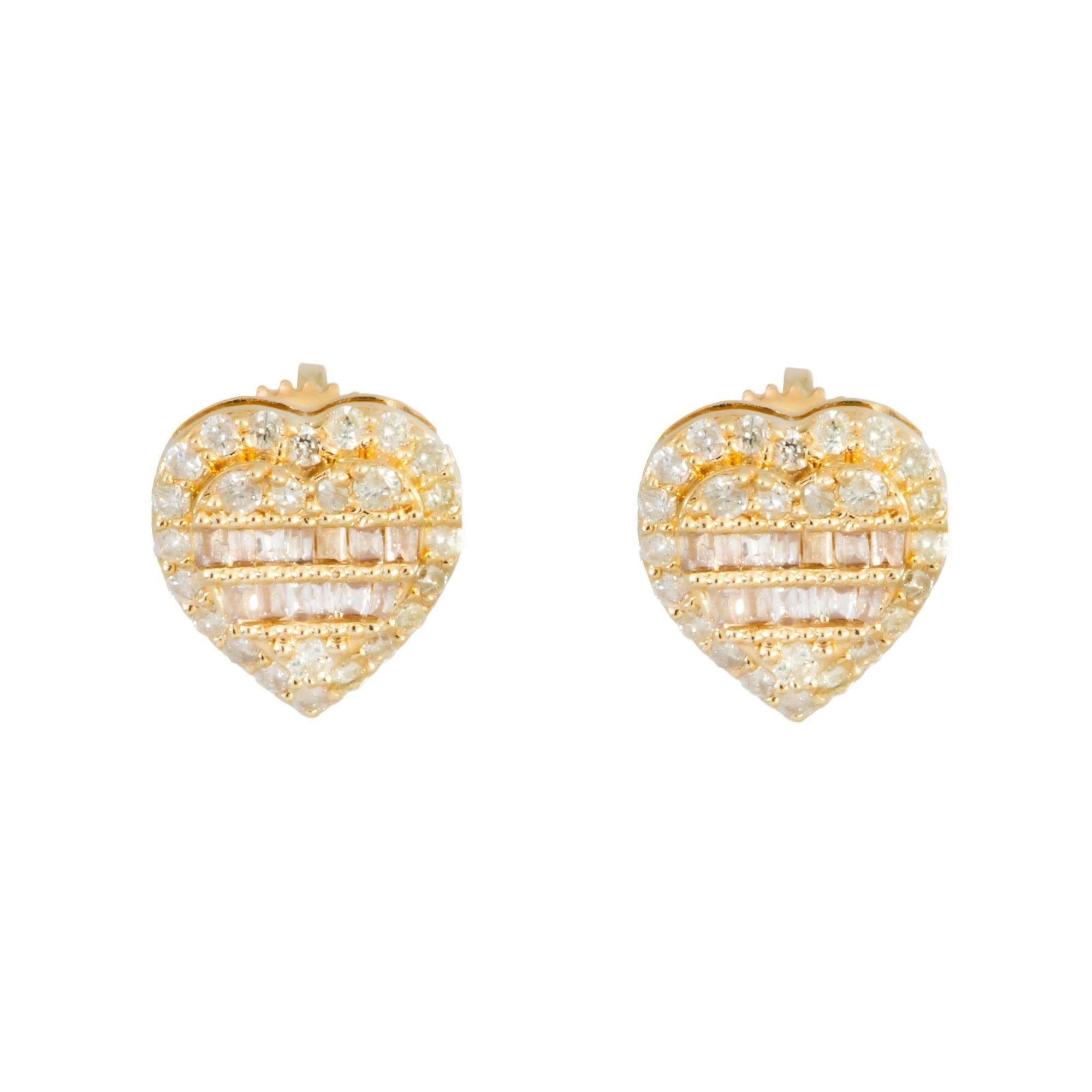 14K GOLD BAGUETTE AND ROUND DIAMOND HEART EARRINGS 0.42 CTW
