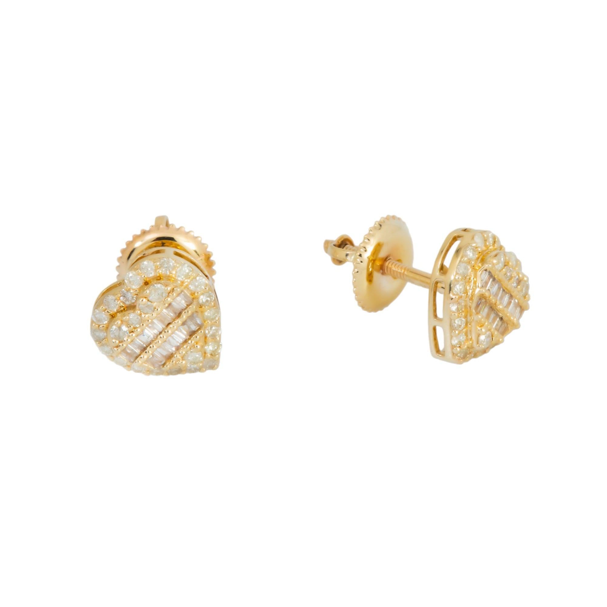 14K GOLD BAGUETTE AND ROUND DIAMOND HEART EARRINGS 0.42 CTW