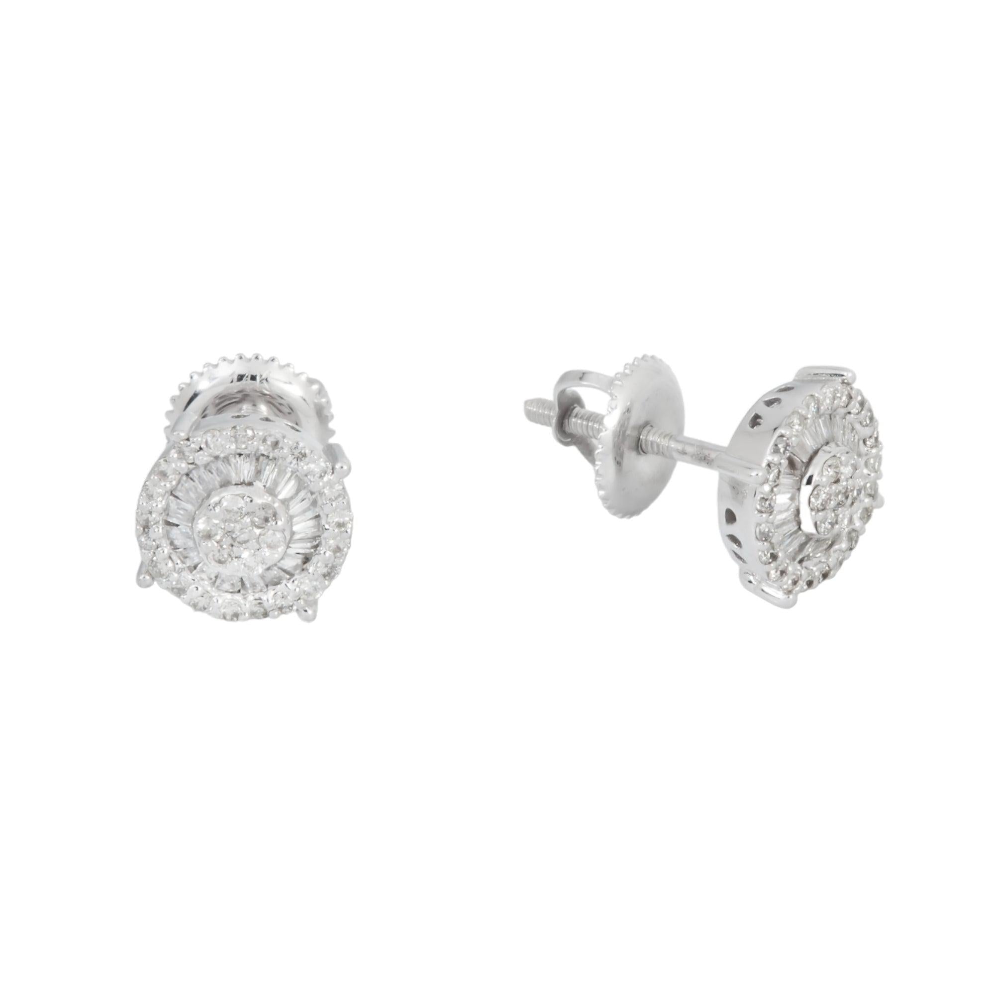 14K GOLD ROUND AND BAGUETTE DIAMOND CLUSTER EARRINGS 0.42 CTW