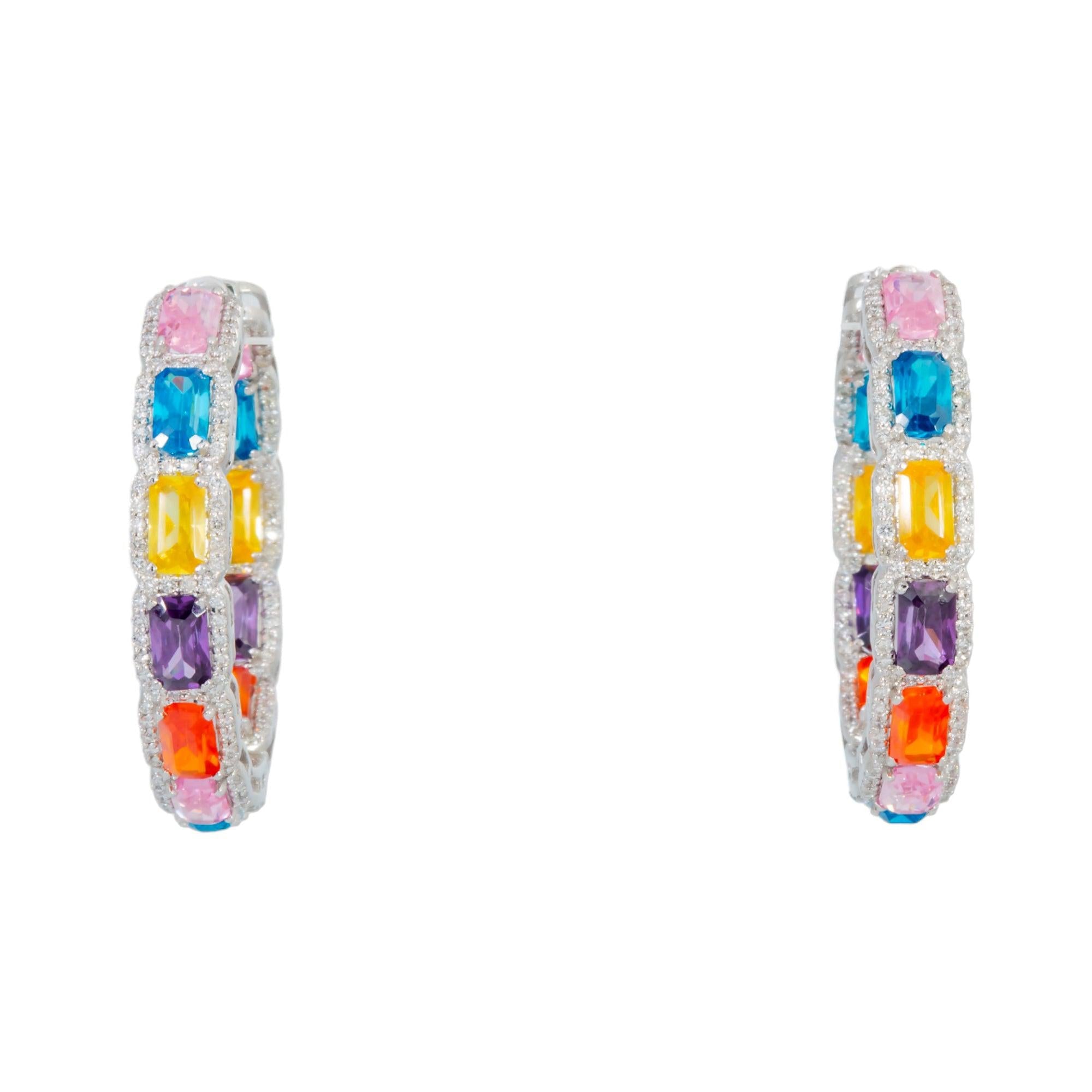 14K GOLD DIAMOND AND GEMSTONE HOOP EARRINGS 1.39 CTW