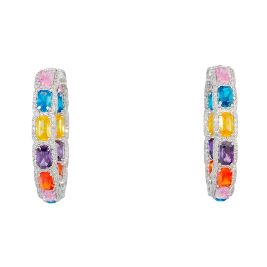 14K GOLD DIAMOND AND GEMSTONE HOOP EARRINGS 1.39 CTW