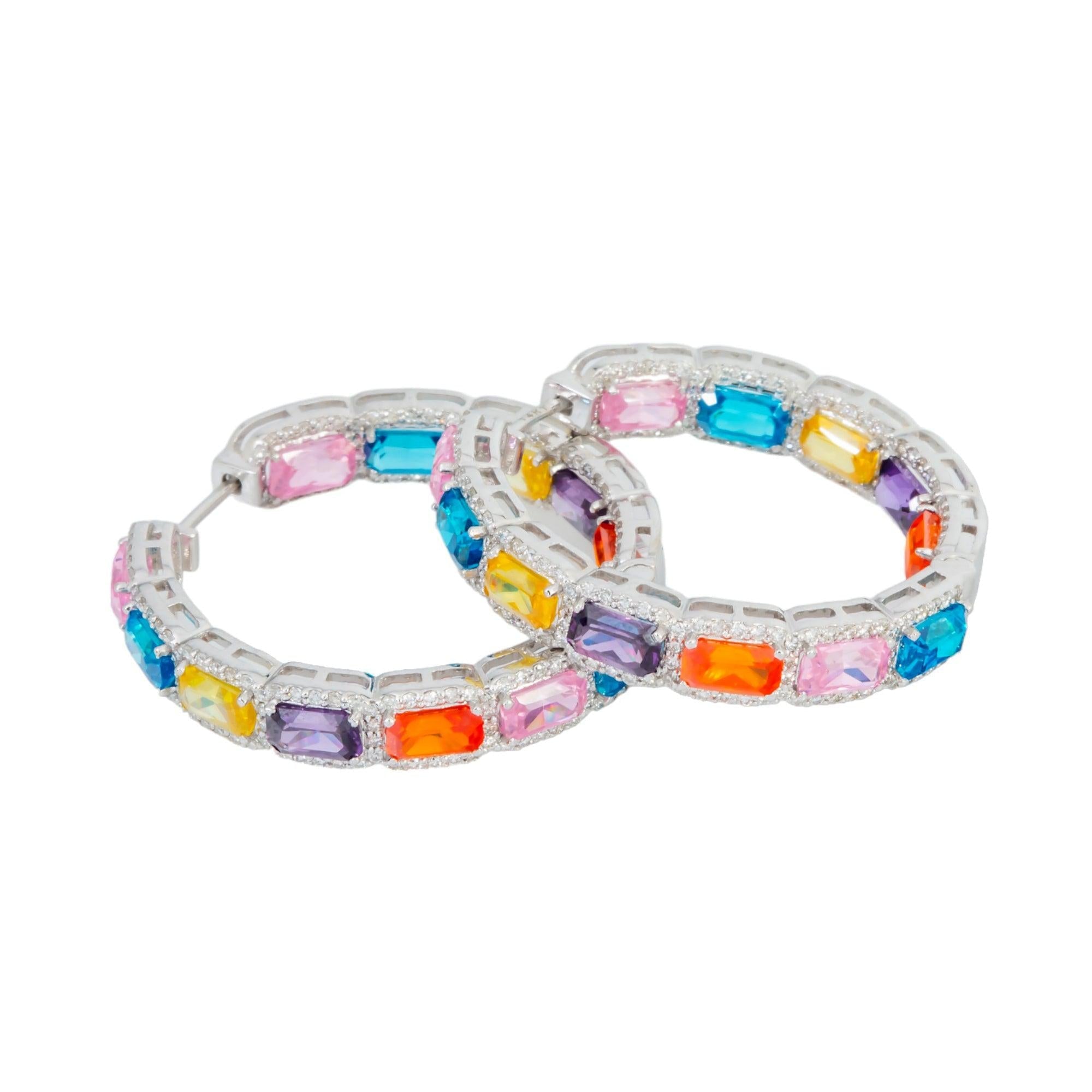 14K GOLD DIAMOND AND GEMSTONE HOOP EARRINGS 1.39 CTW