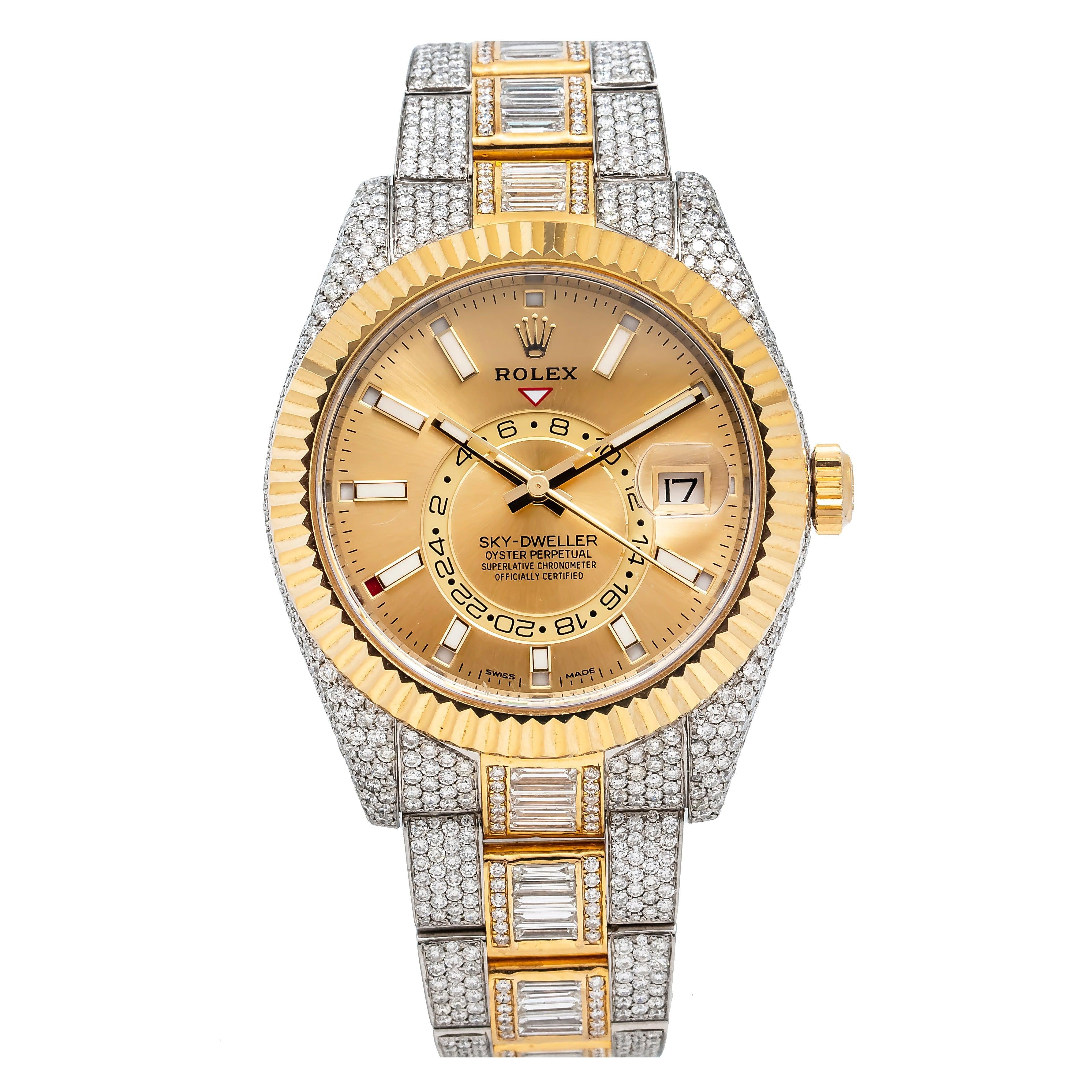 Rolex Sky-Dweller 42MM 326933 Champagne Dial Yellow Gold Fluted Bezel Two Tone Full Diamond Oyster Bracelet 25.87ct