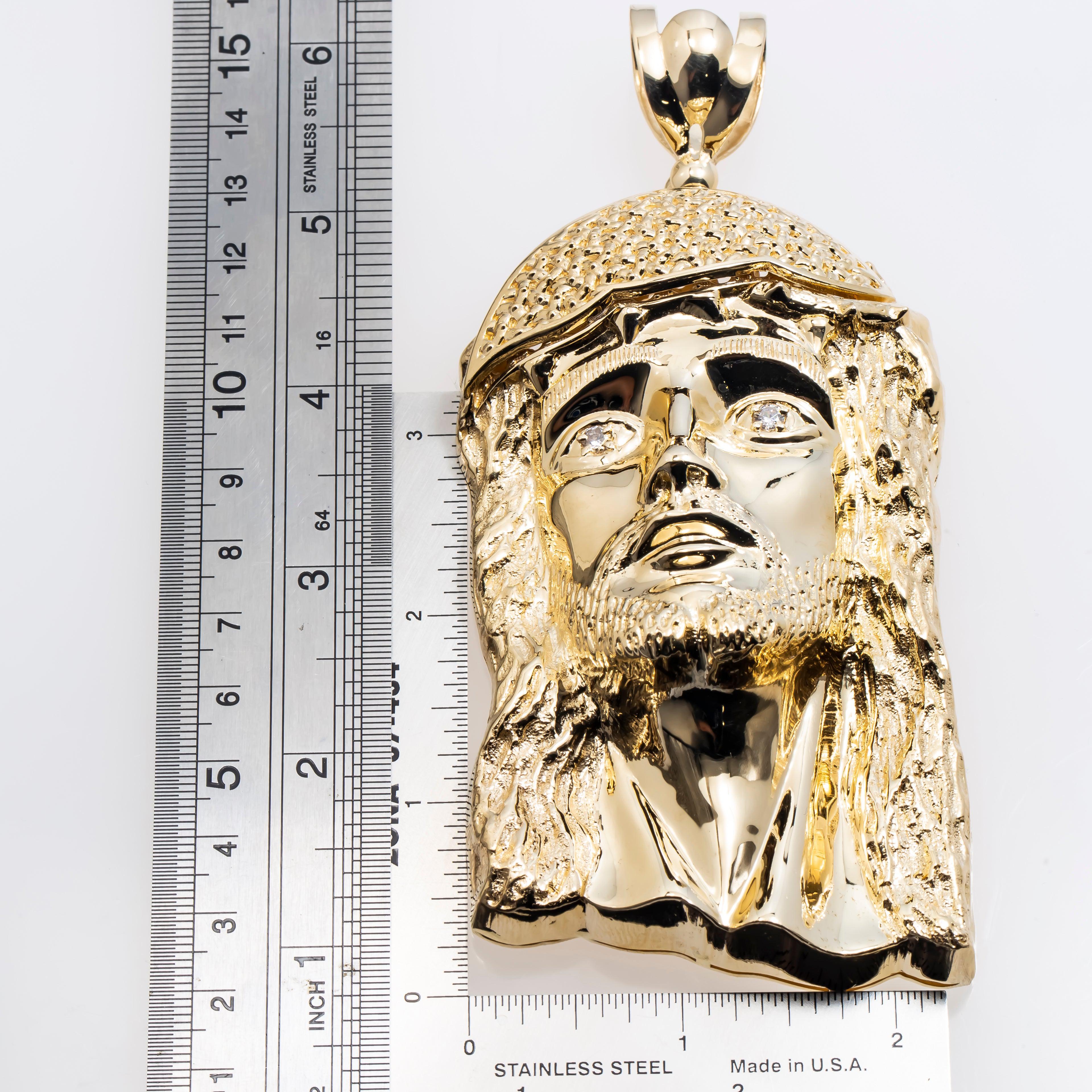 10K GOLD JESUS HEAD DIAMOND EYES PENDANT 132.7G