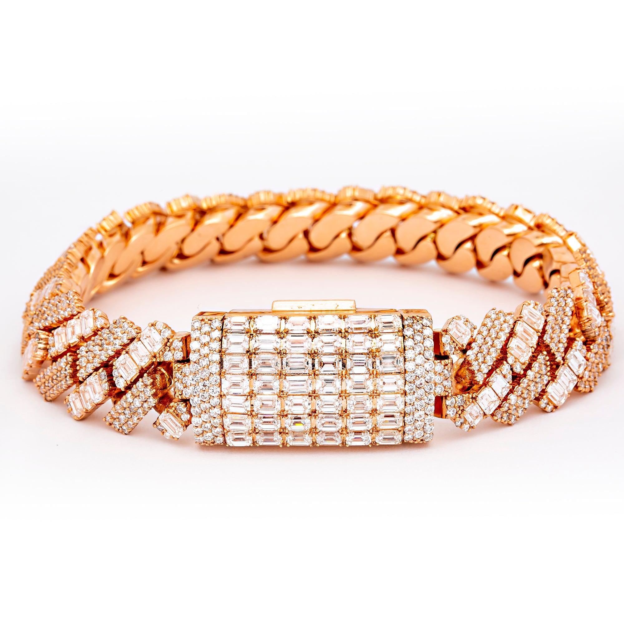 14K Rose Gold Men's Cuban Bracelet With Baguette Diamonds Lock