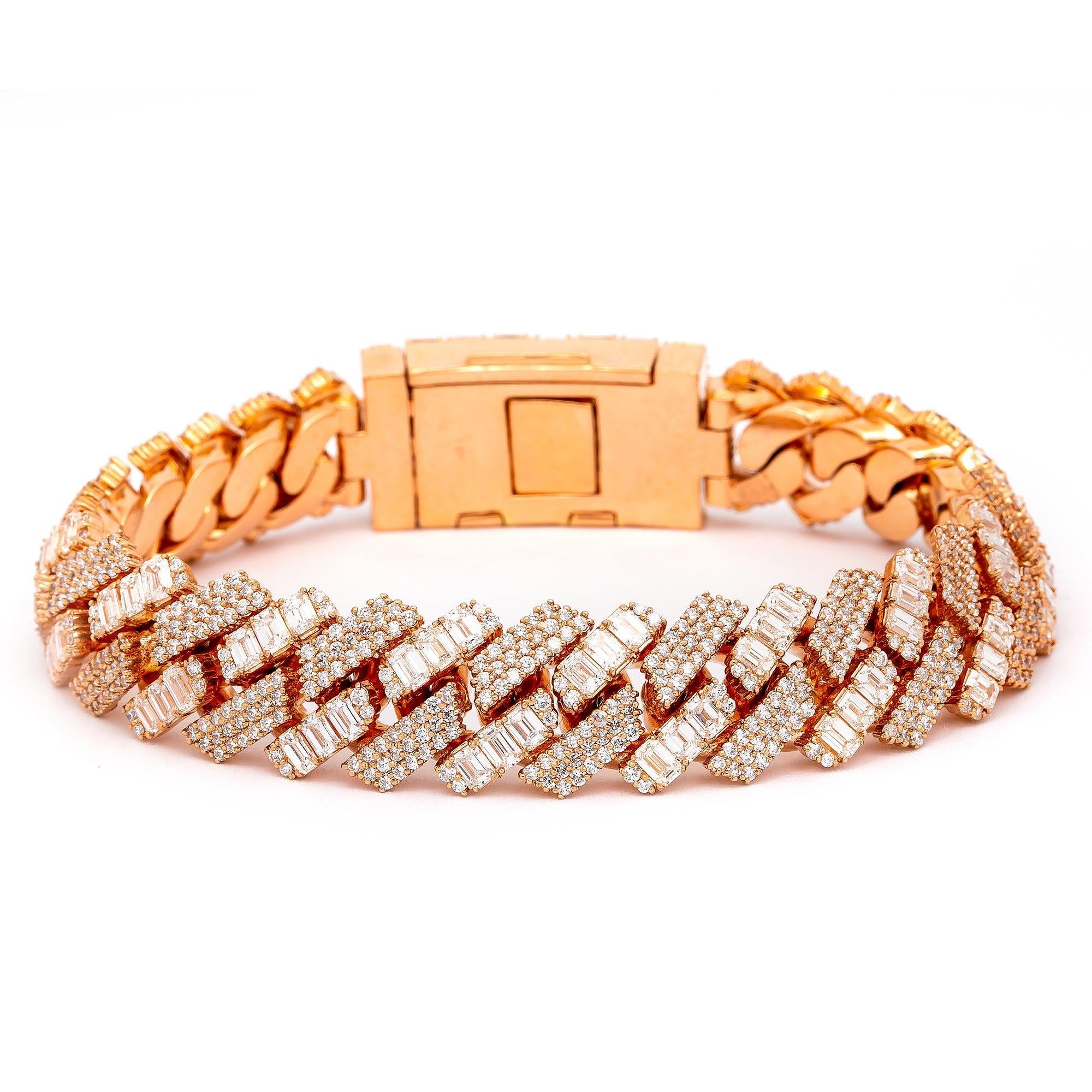 14K Rose Gold Men's Cuban Bracelet With Baguette Diamonds Lock