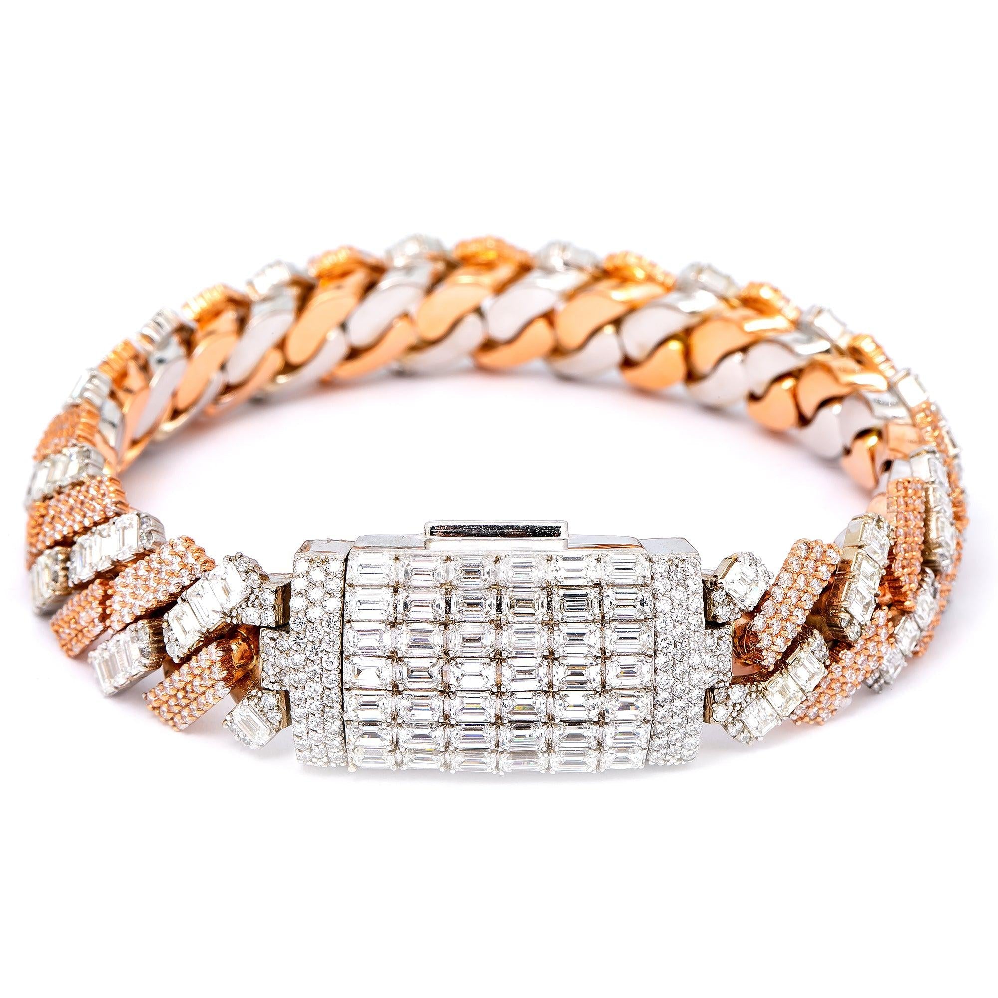 14K GOLD TWO-TONE CUBAN BRACELET AND LOCK WITH BAGUETTE DIAMONDS