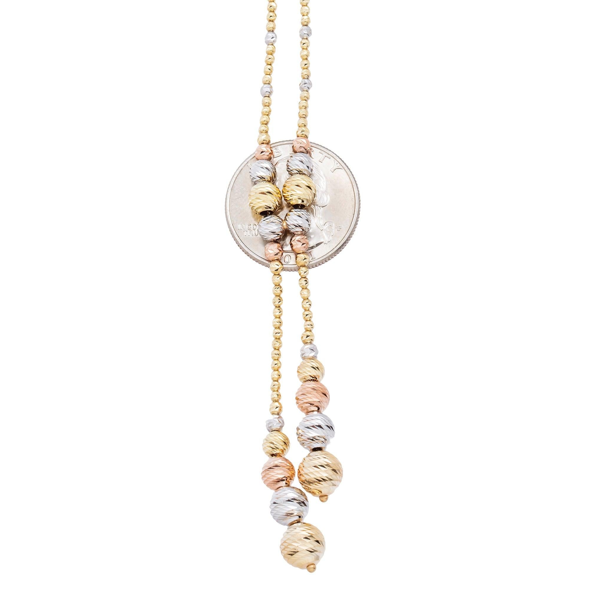 14K GOLD TRI-COLOR 2MM MOON BEAD LARIAT CHAIN