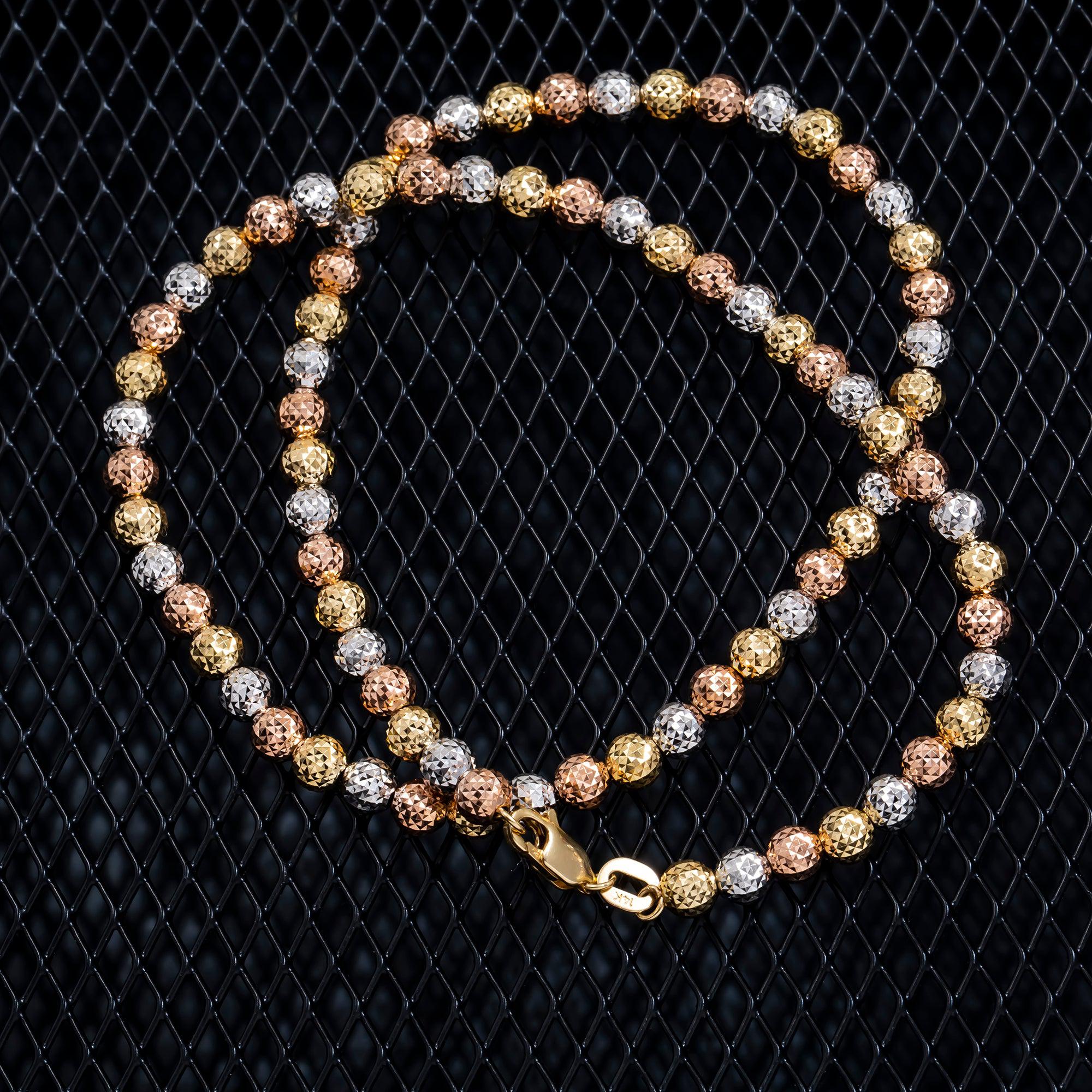 14K GOLD TRI-COLOR 4MM MOON BEAD CHAIN