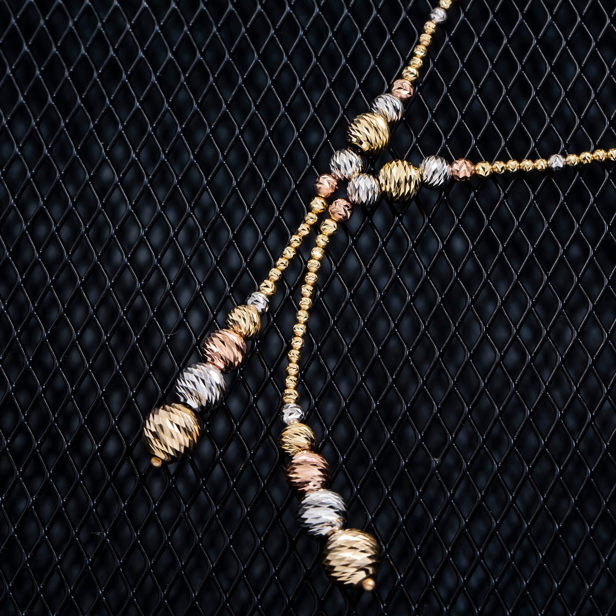 14K GOLD TRI-COLOR 2MM MOON BEAD LARIAT CHAIN