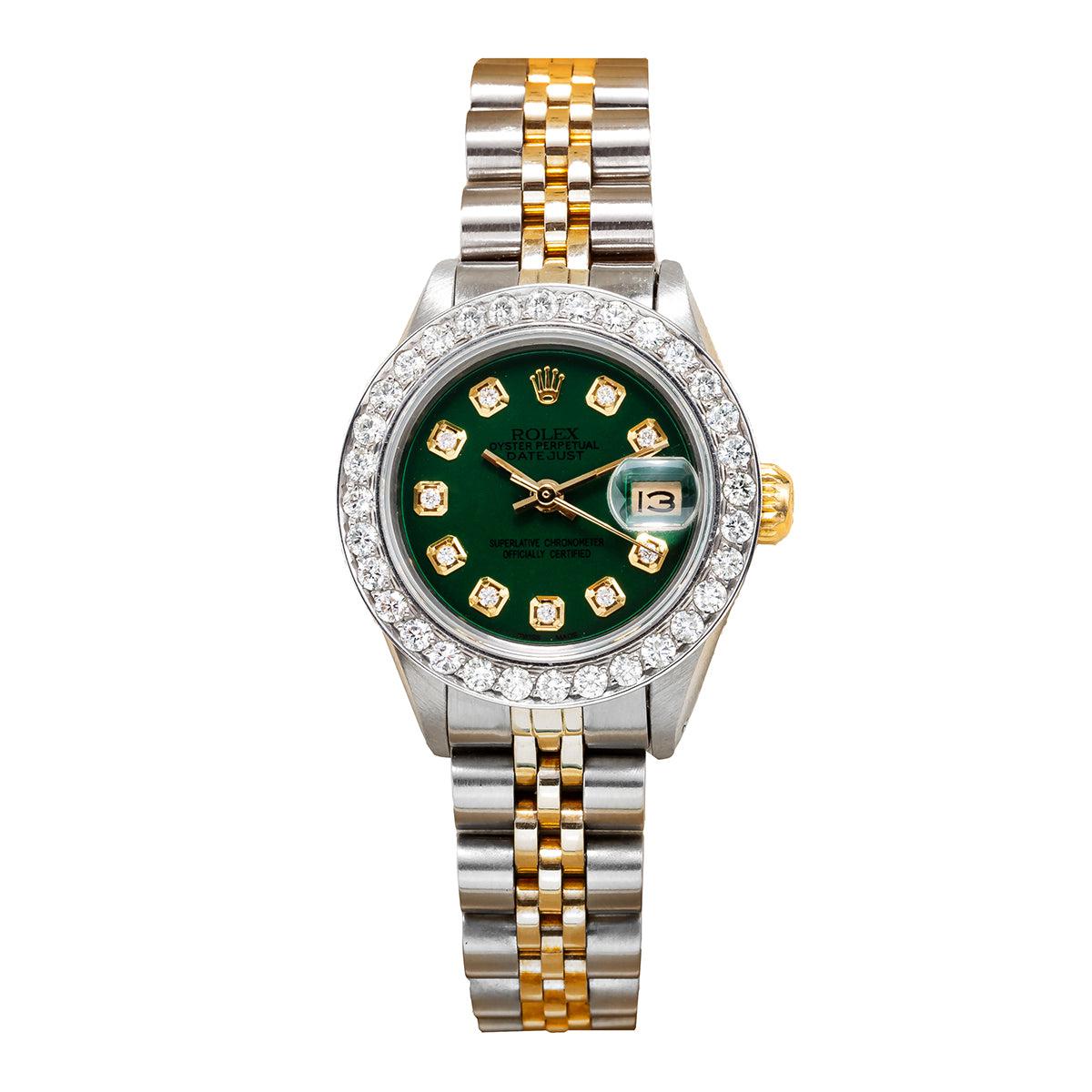 Rolex Datejust Two Tone Diamond Watch 26mm, Green Dial with 1.5CT Diamond Bezel