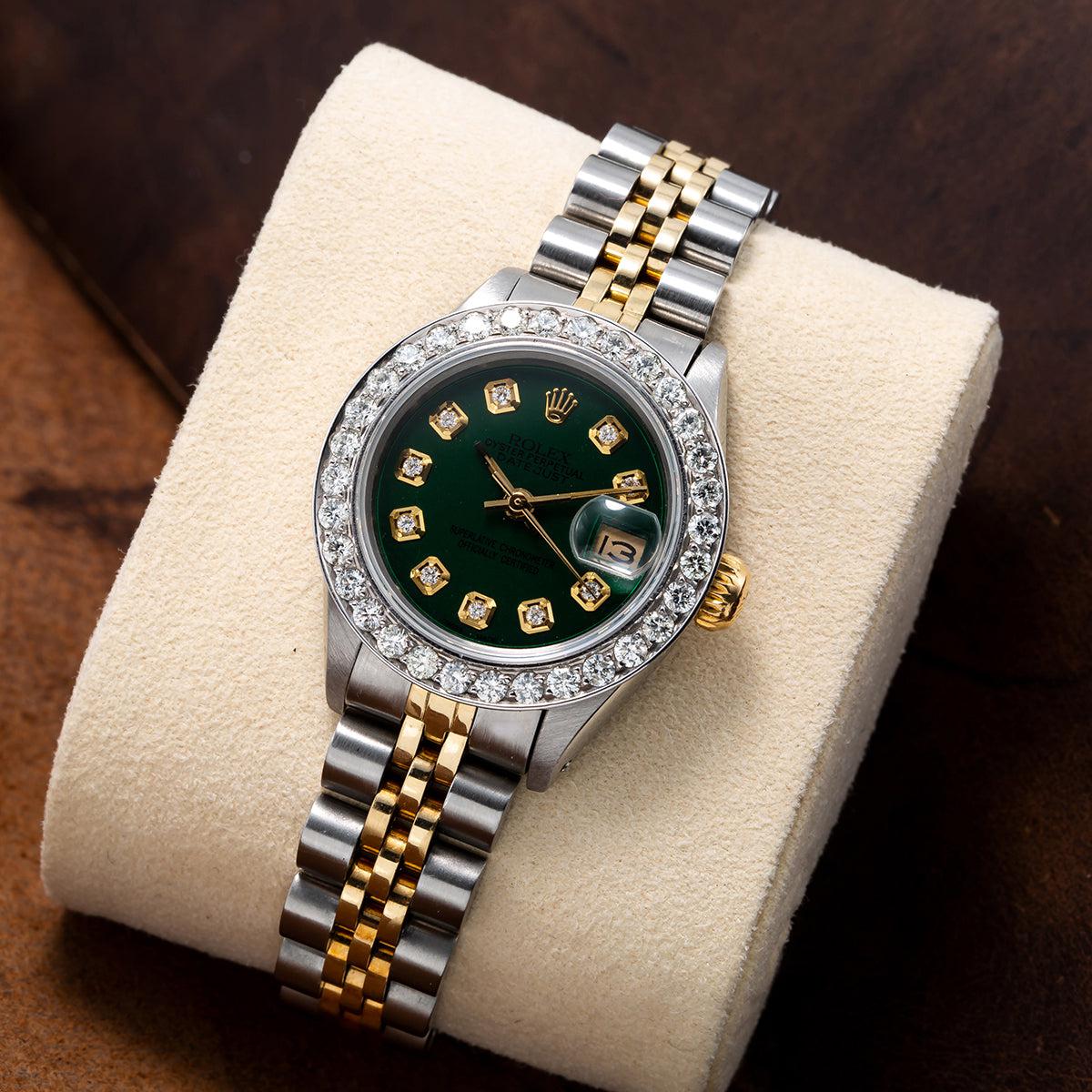 Rolex Datejust Two Tone Diamond Watch 26mm, Green Dial with 1.5CT Diamond Bezel