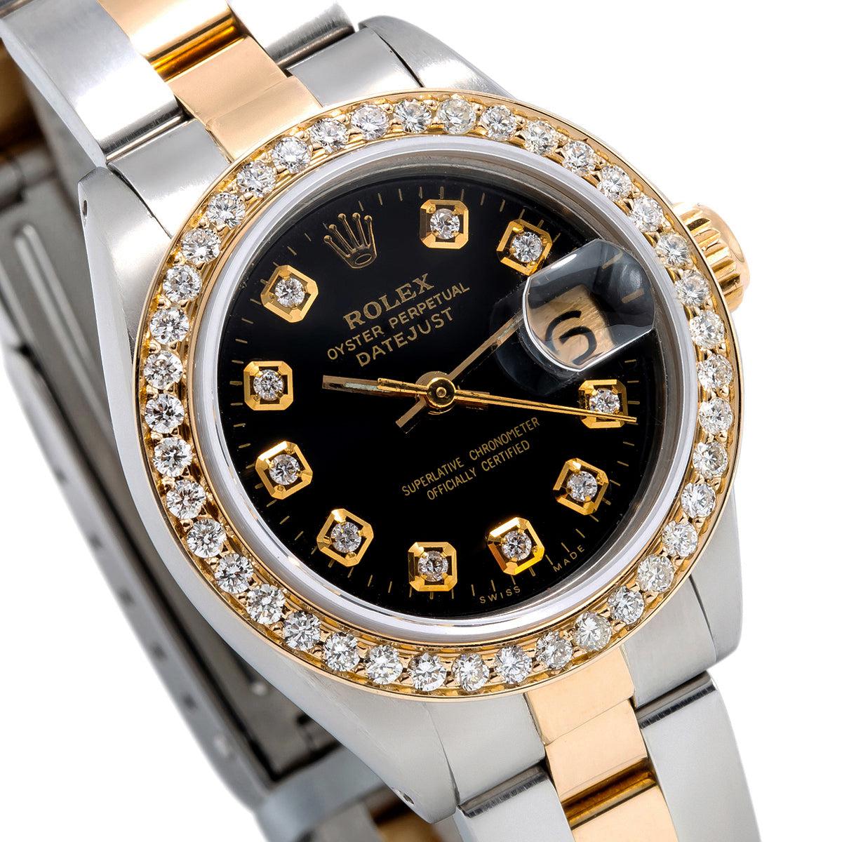 Rolex DateJust Two Tone Diamond Watch, 6917 26mm, Black Dial With 0.90Ct Diamond Bezel