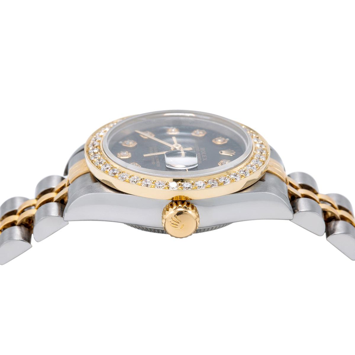 Rolex Datejust Two Tone Diamond Watch, 69173 26mm, Black Dial With 0.90CT Diamond Bezel