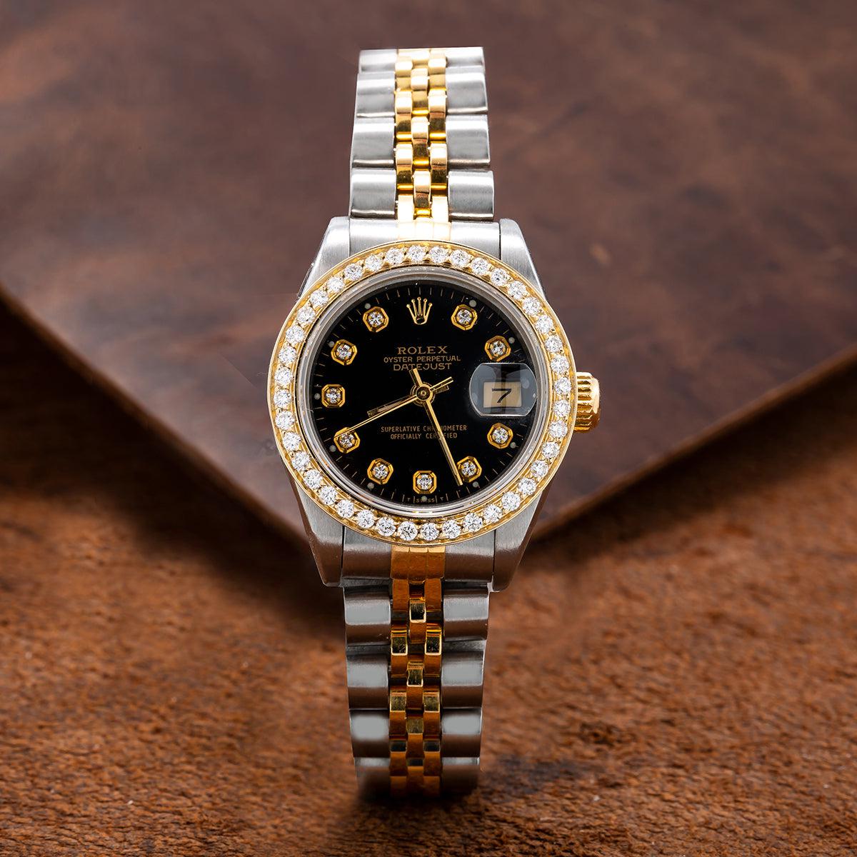 Rolex Datejust Two Tone Diamond Watch, 69173 26mm, Black Dial With 0.90CT Diamond Bezel