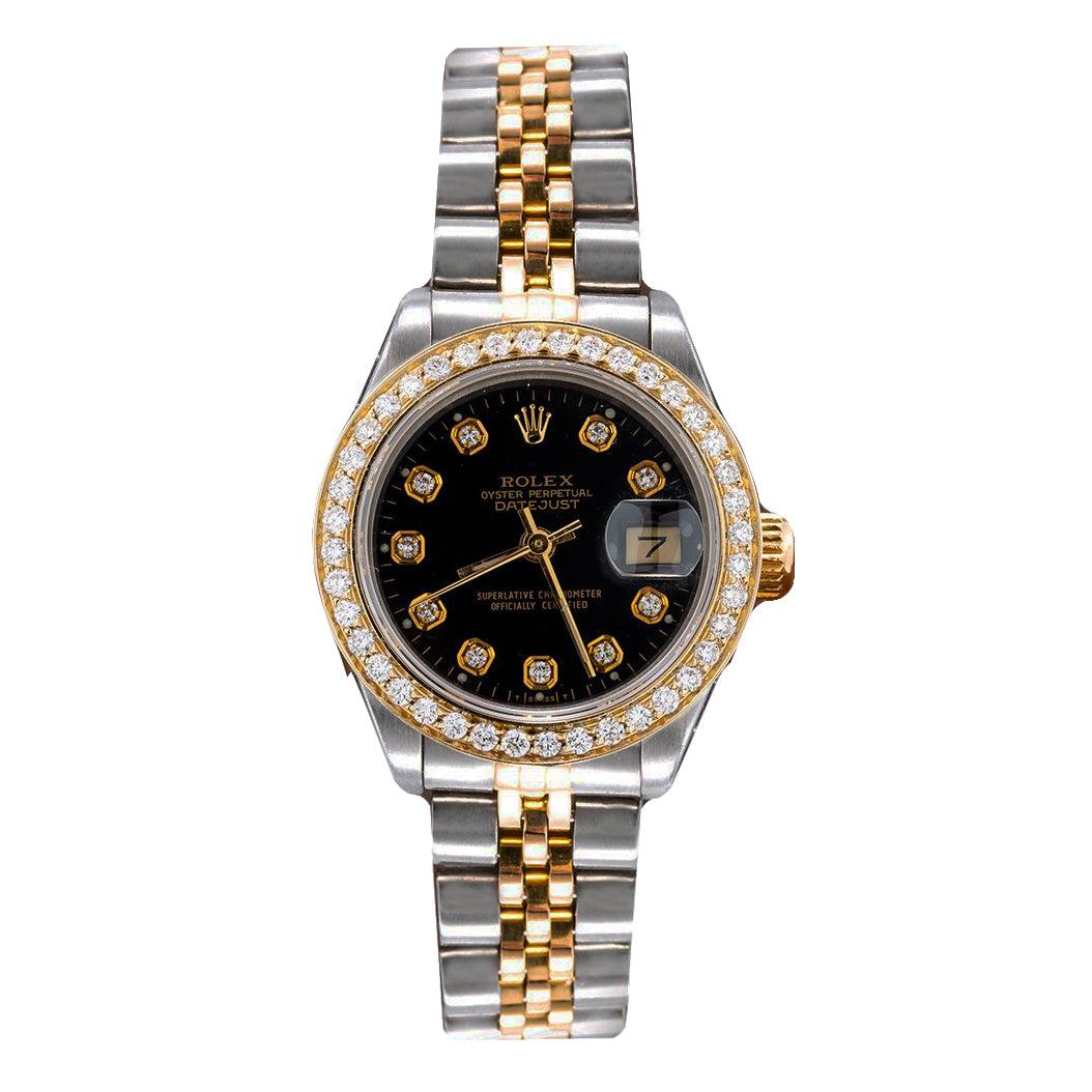 Rolex Datejust Two Tone Diamond Watch, 69173 26mm, Black Dial With 0.90CT Diamond Bezel