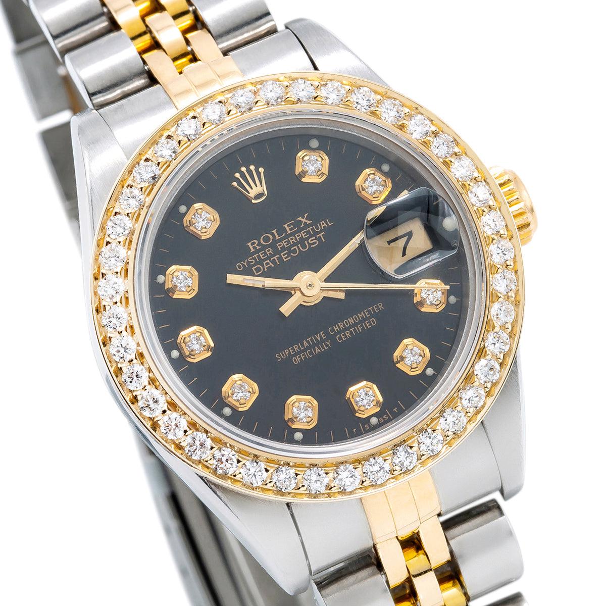 Rolex Datejust Two Tone Diamond Watch, 69173 26mm, Black Dial With 0.90CT Diamond Bezel